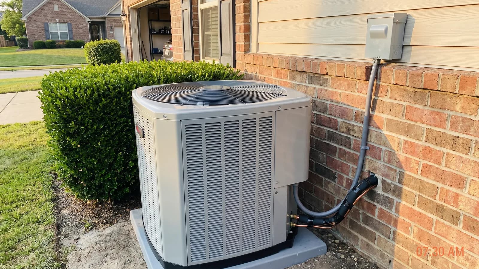 An outdoor air conditioning condenser unit installed on a pad beside a Georgia home