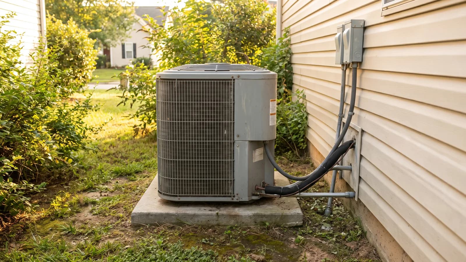 An outdoor air conditioning condenser unit beside a North Carolina home