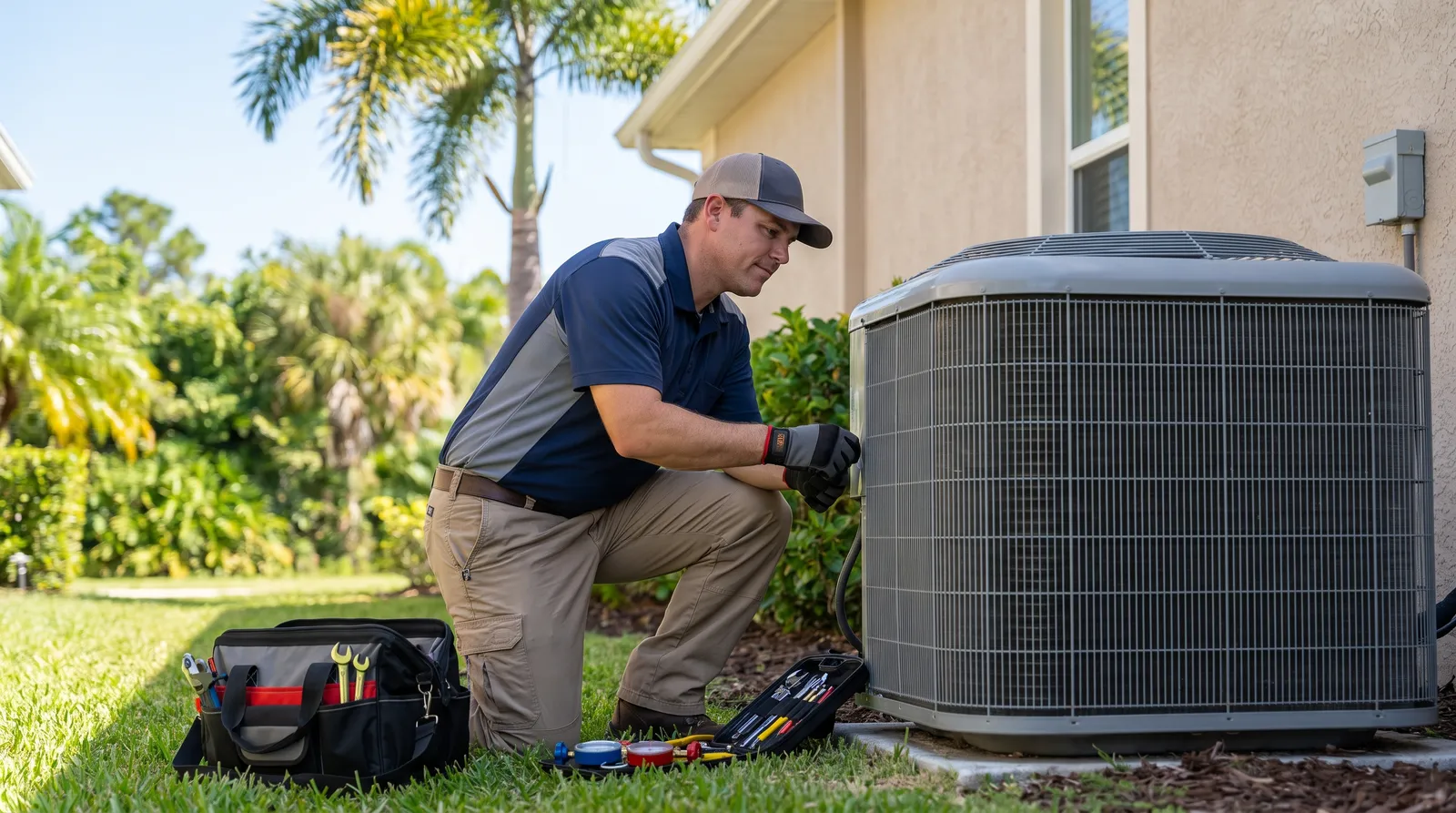 An HVAC technician servicing an outdoor condenser at a Florida home