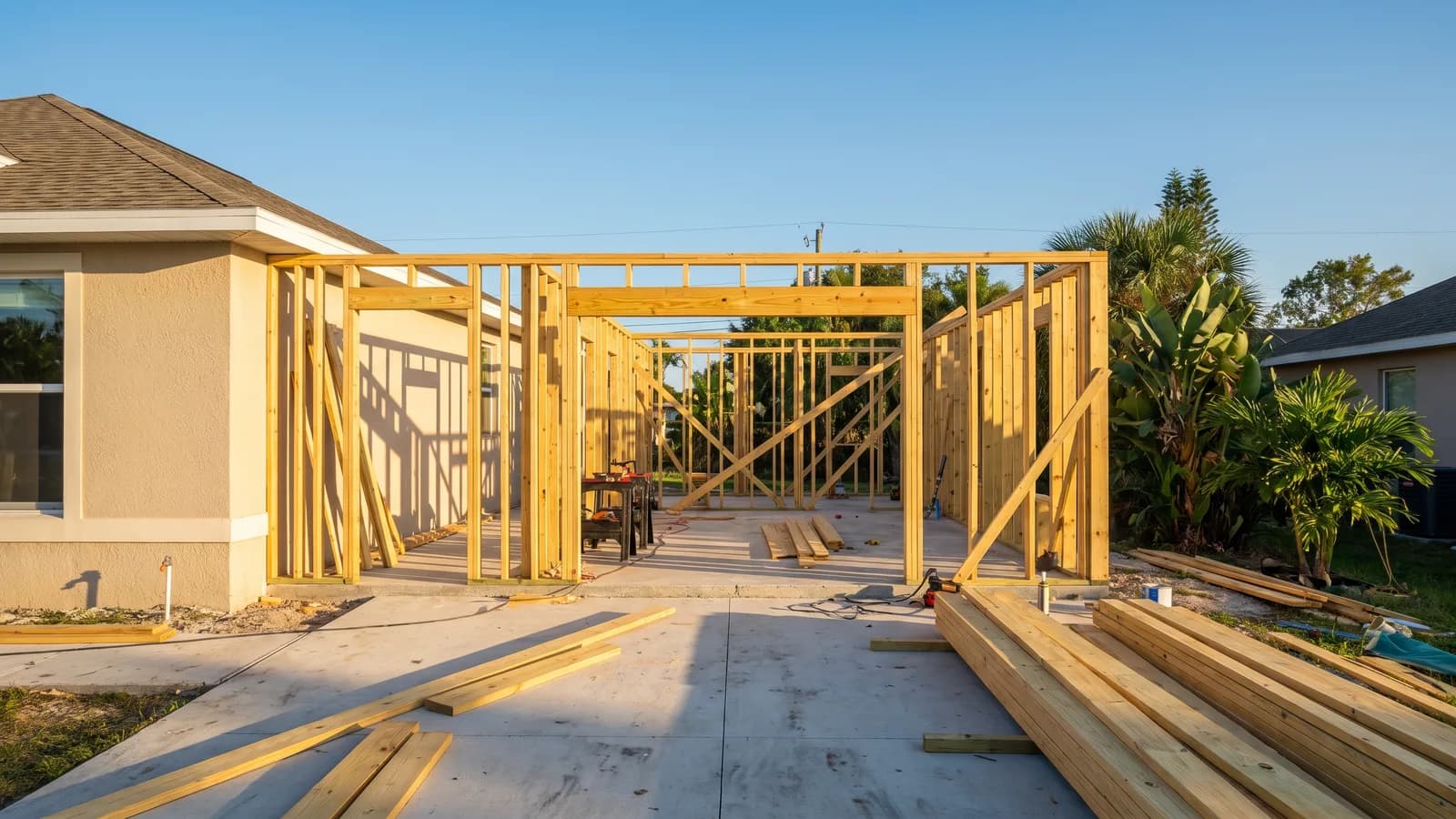 A new home addition under construction at a Florida property with framing and a driveway in warm daylight.