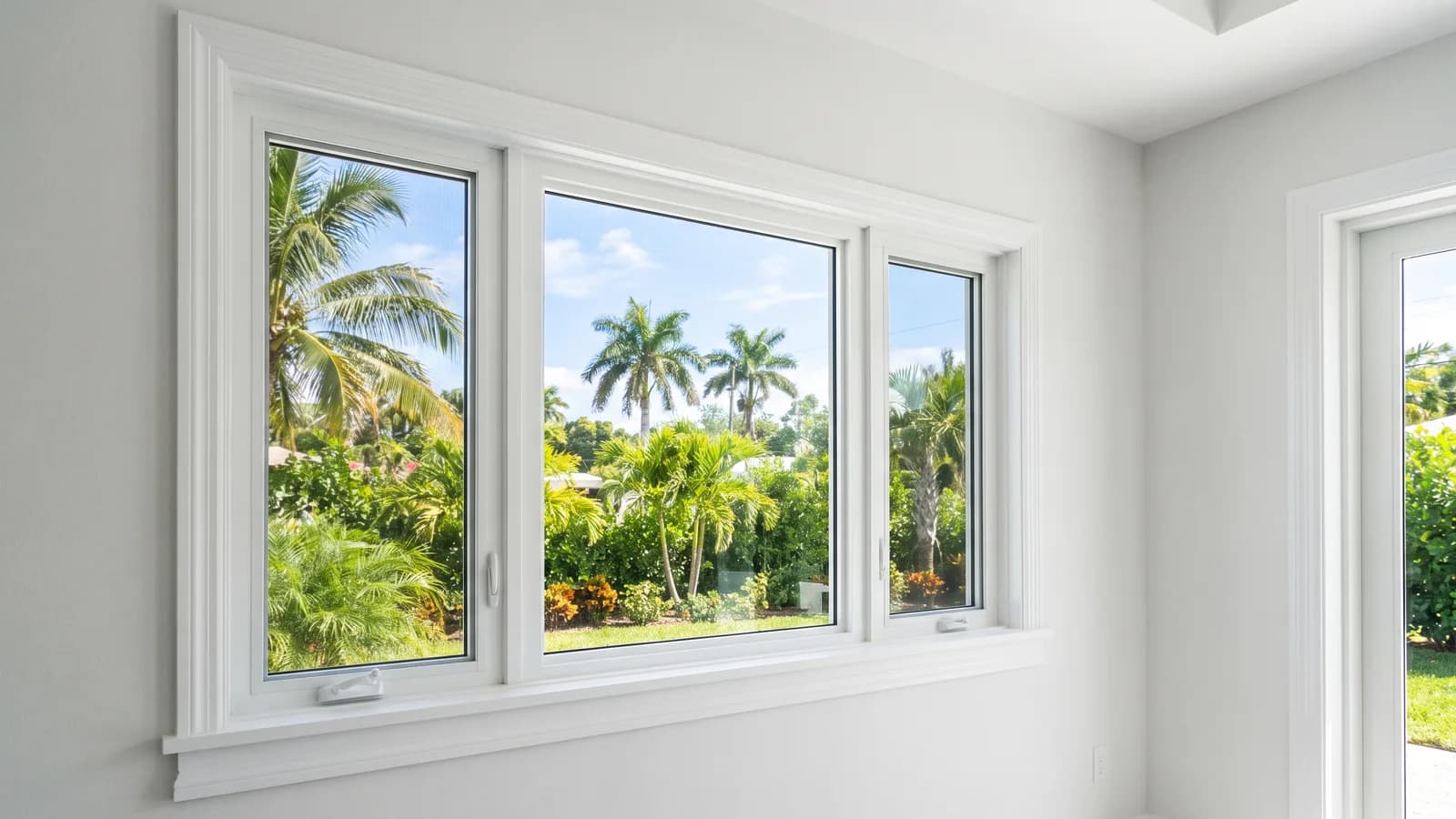 A newly installed impact-rated window in a Florida home with a sunny exterior view in daylight.