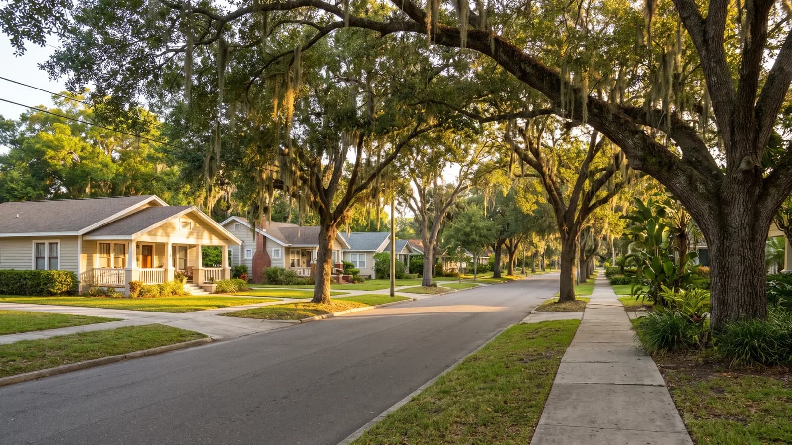 A tree-lined residential street of single-family homes in Lakeland, Florida in warm morning light.