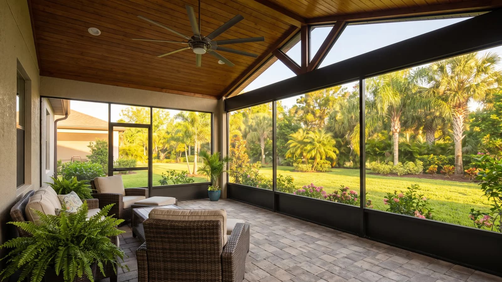 A covered lanai with a solid roof attached to the back of a Florida home overlooking a green backyard in warm light.