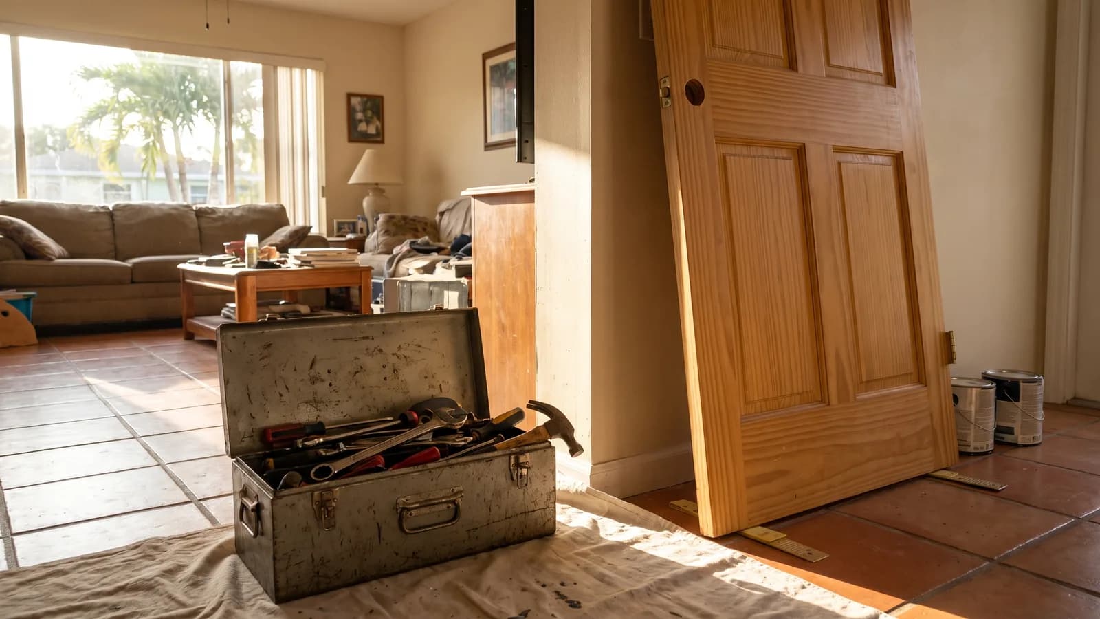 A handyman doing minor repair work with hand tools inside a Florida home in warm natural light.