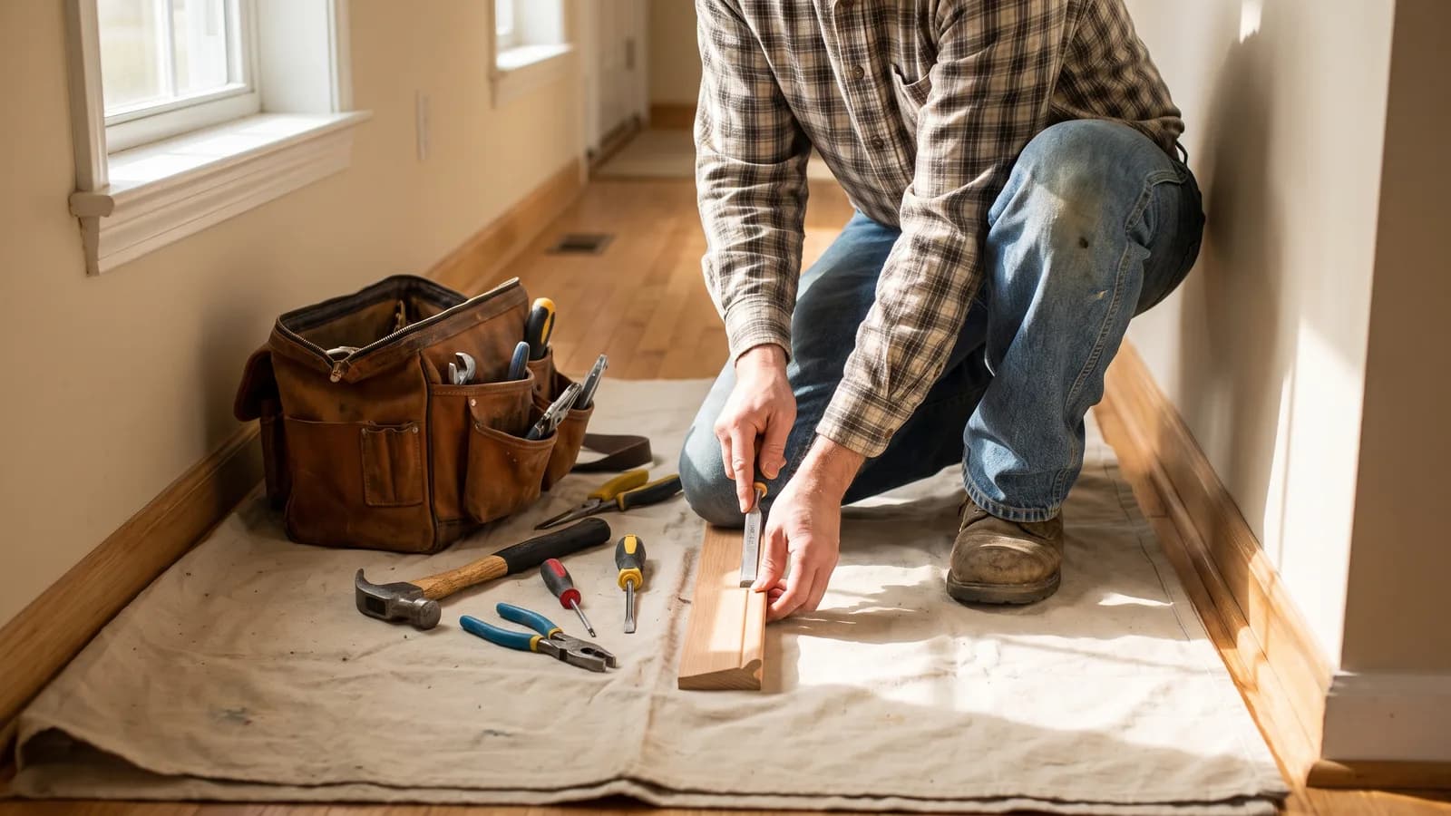 A handyman with a tool bag working on a repair at a Georgia home