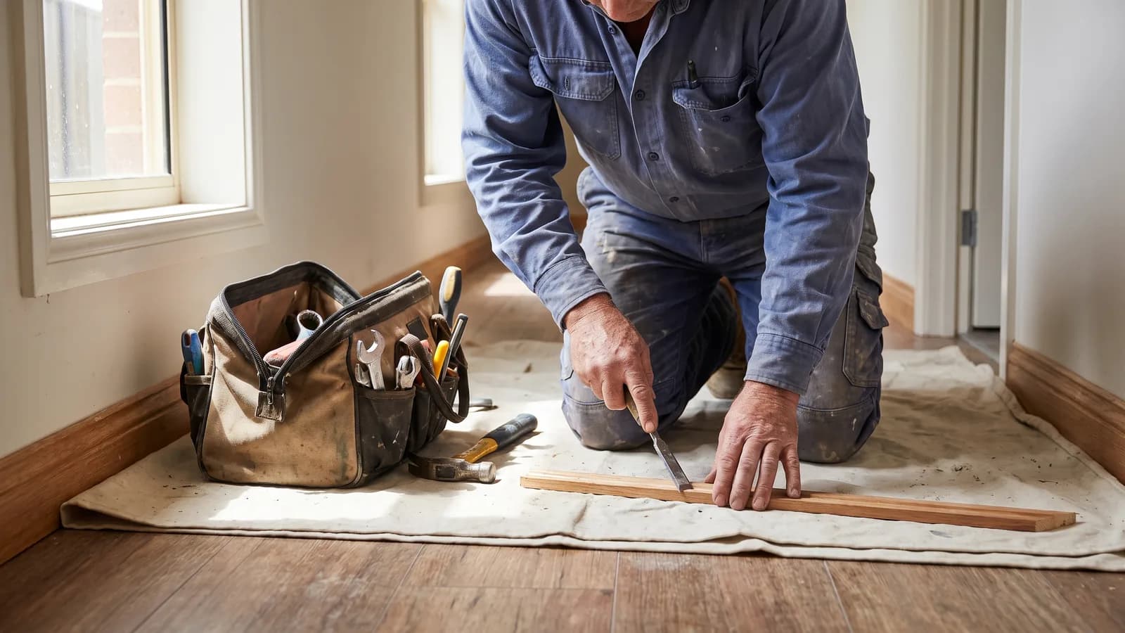 A tradesperson carrying tools toward the front door of a North Carolina home