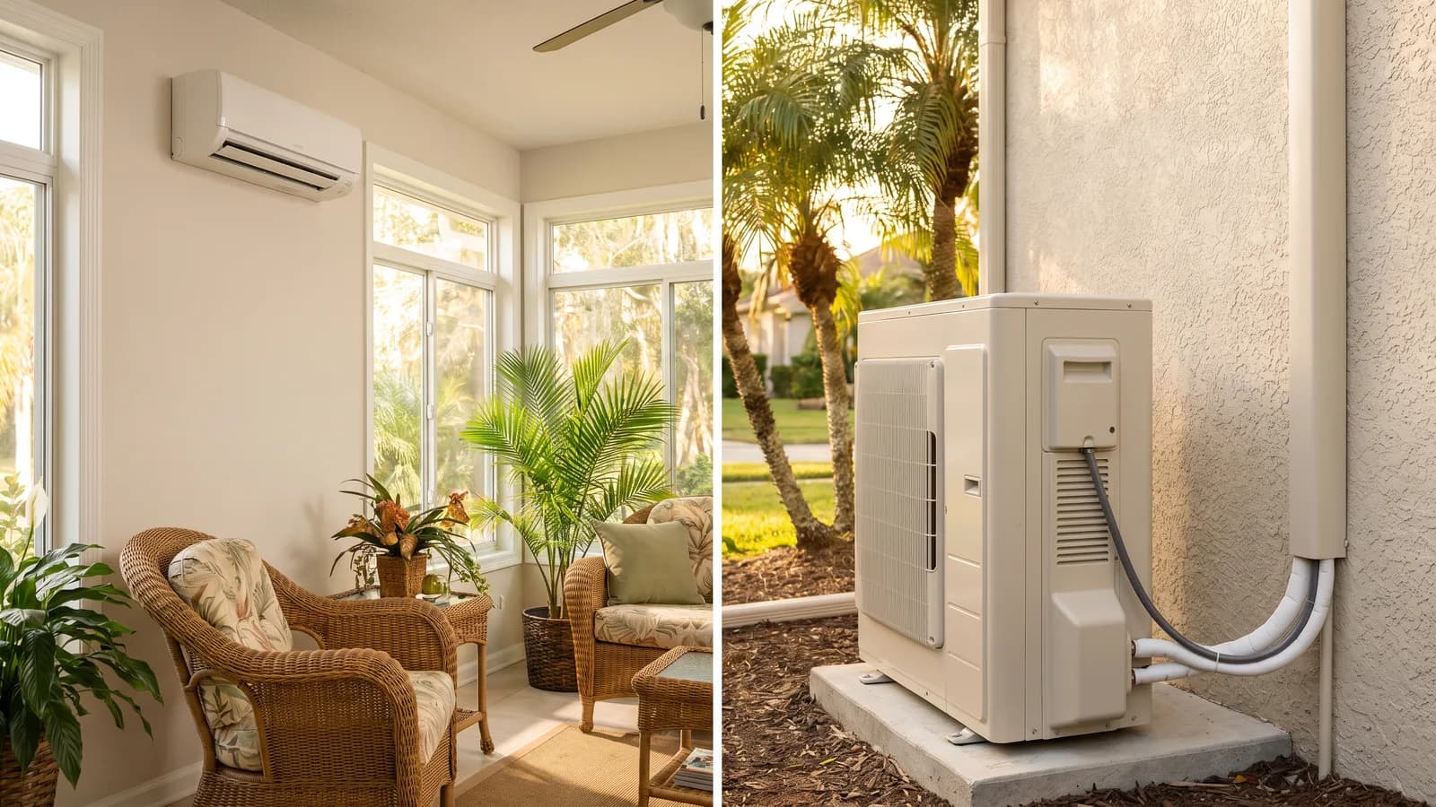 A wall-mounted ductless mini-split indoor unit and its outdoor condenser on a pad beside a Florida home in bright daylight.