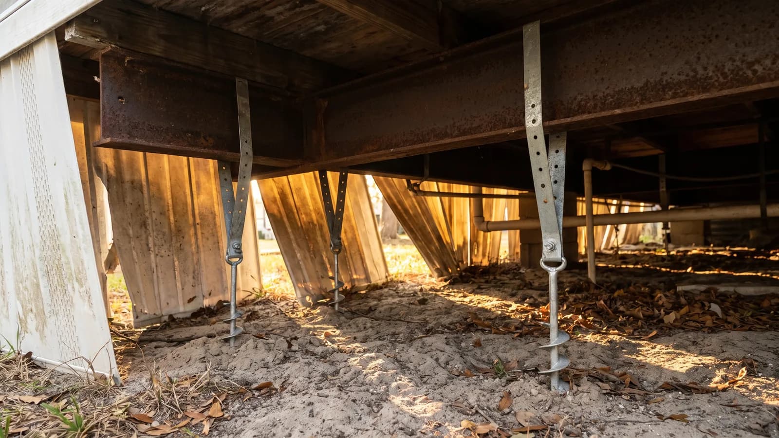 The underside of a manufactured home in Florida showing anchor straps and ground anchors securing the frame with skirting partly open.