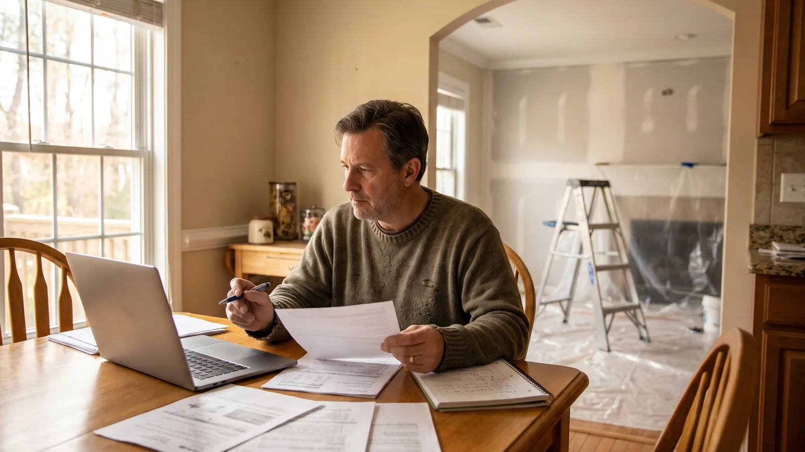 A North Carolina homeowner reviewing project paperwork at a kitchen table during a home renovation