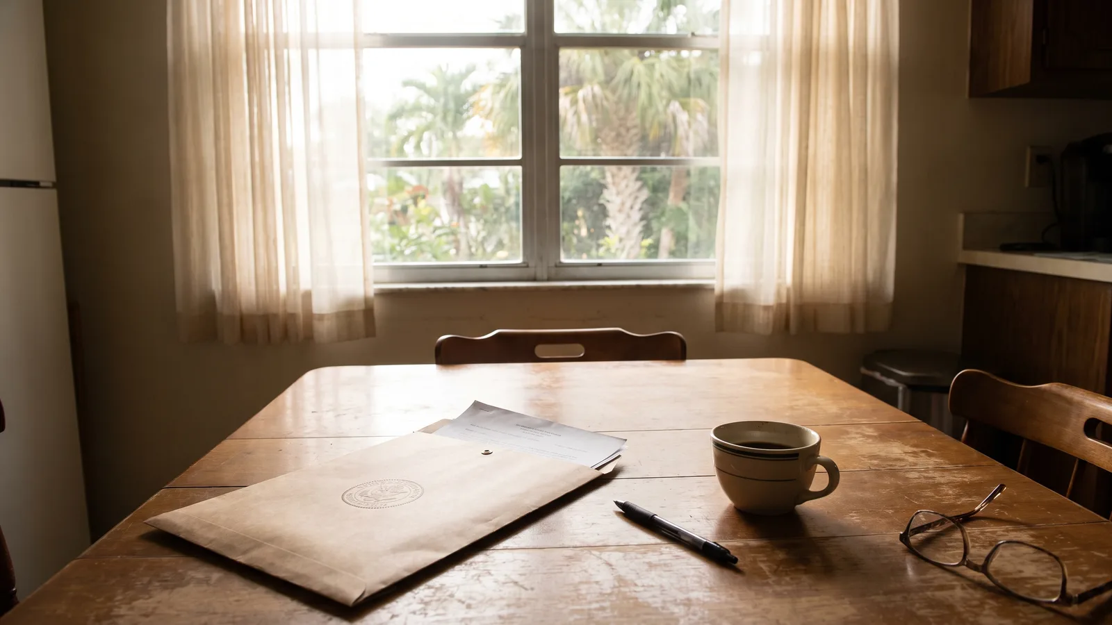 A homeowner reviewing a recorded Notice of Commencement document at a kitchen table in a Florida home with soft natural light.