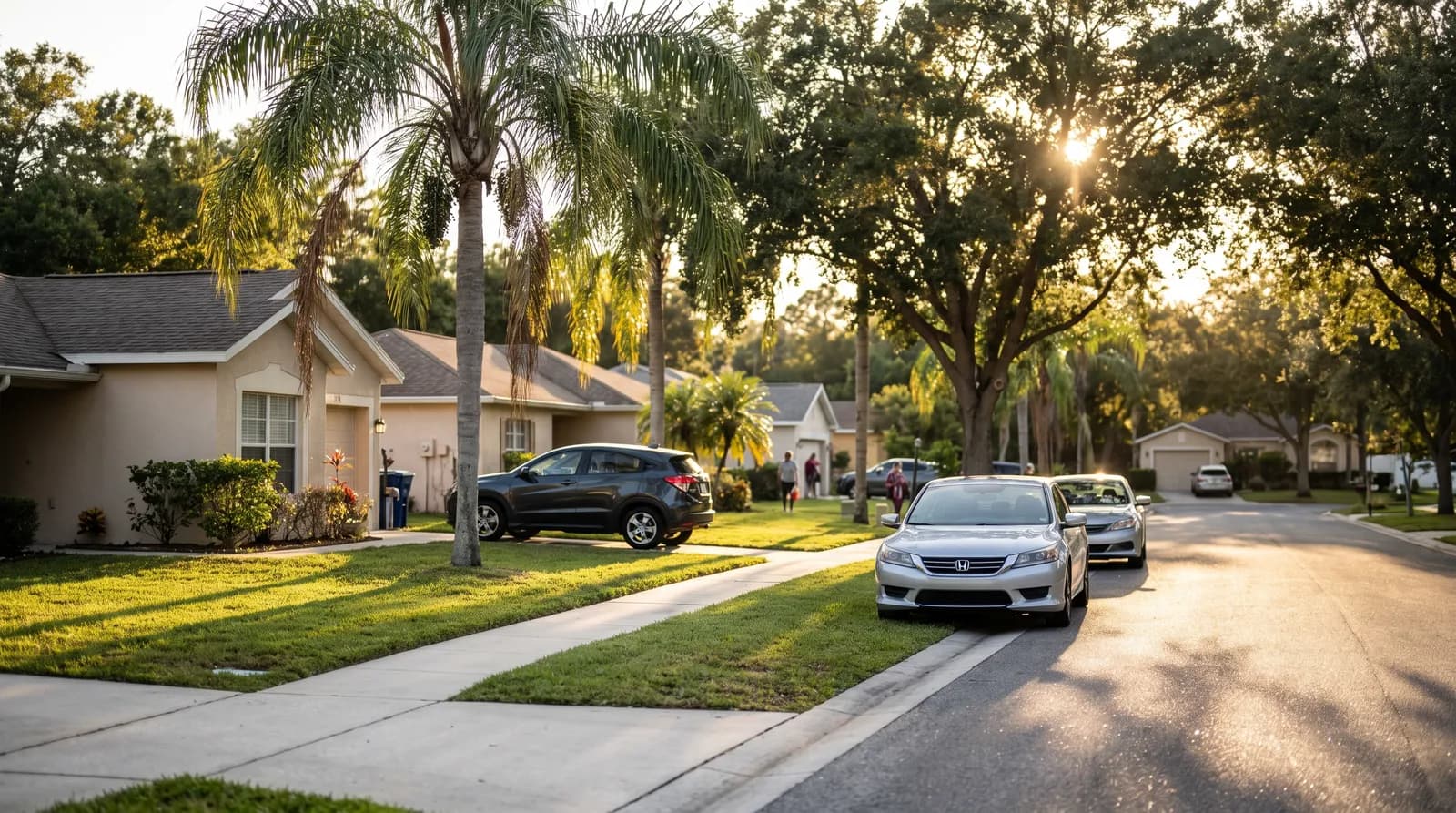 A suburban Orange County, Florida neighborhood street at golden hour