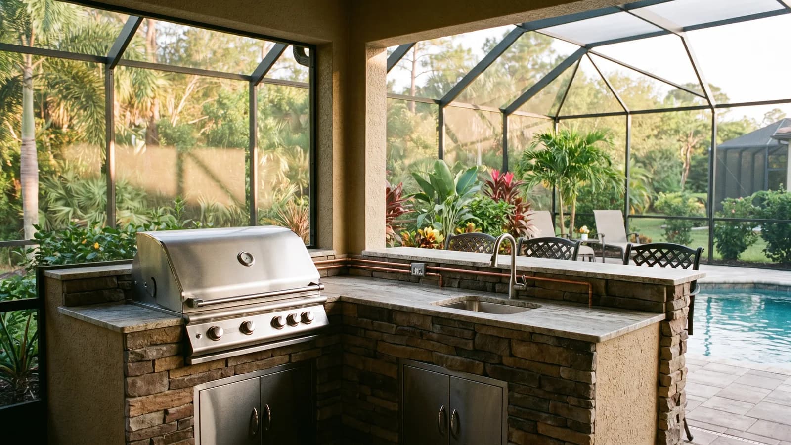 A built-in outdoor kitchen with a grill, counter, and sink on a covered lanai at a Florida home in warm afternoon light.