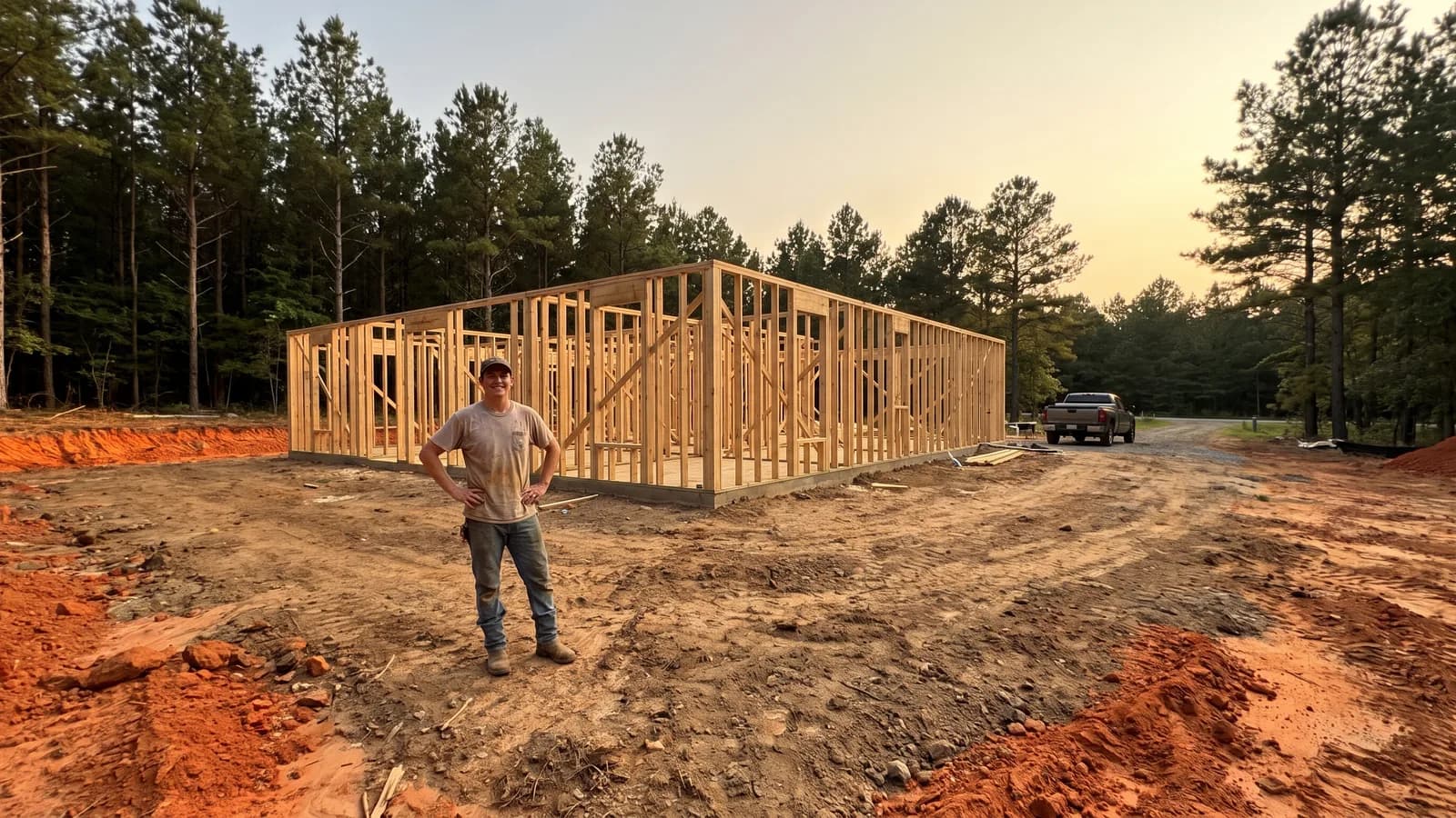 A homeowner standing beside a newly framed house on their own land in Georgia