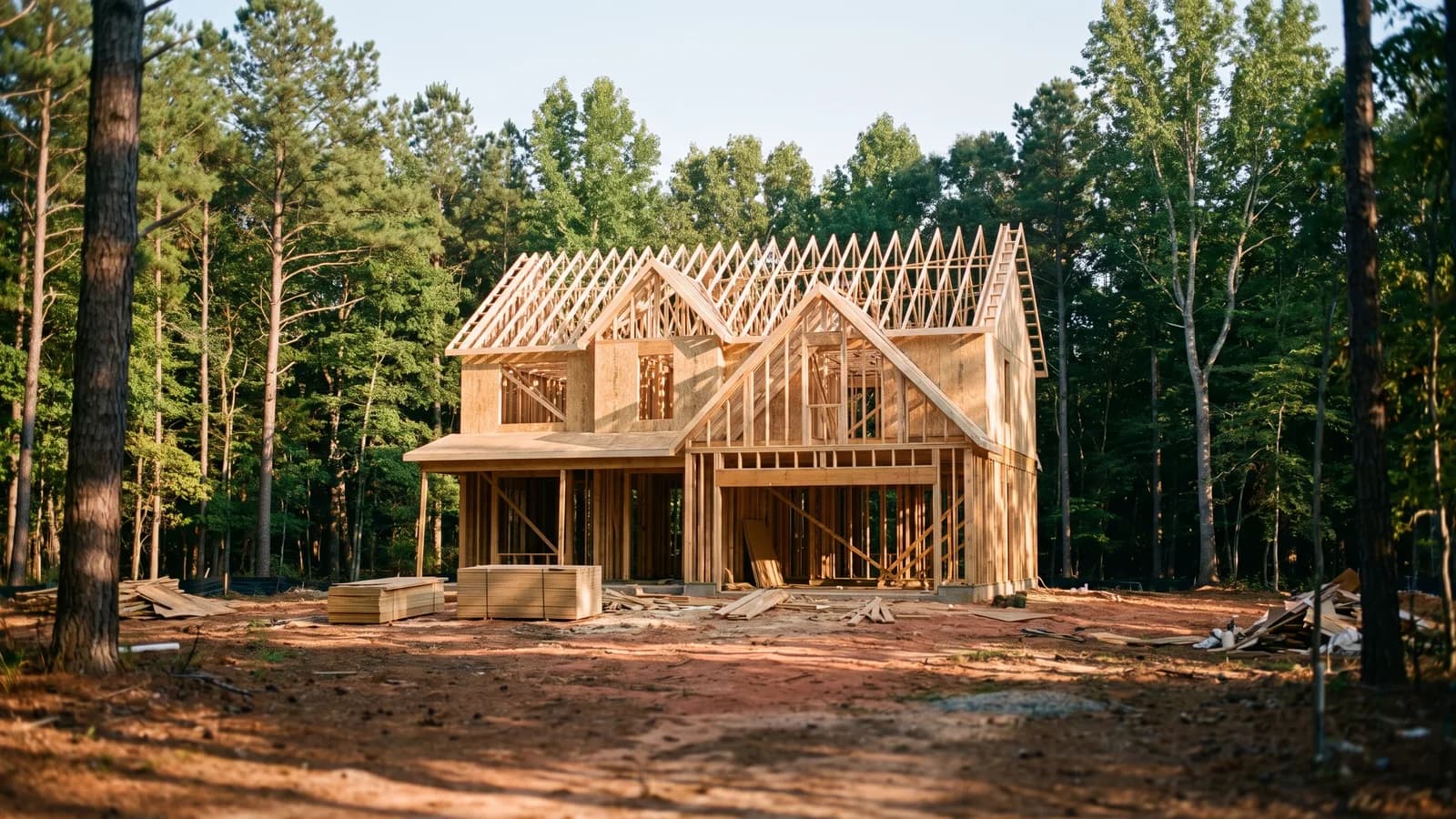 A partly framed house under construction on a wooded lot in North Carolina on a clear day