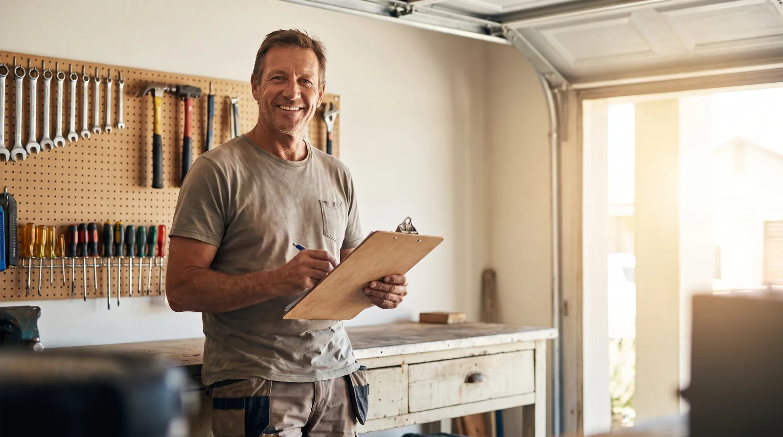 A Florida homeowner holding a permit clipboard in their garage