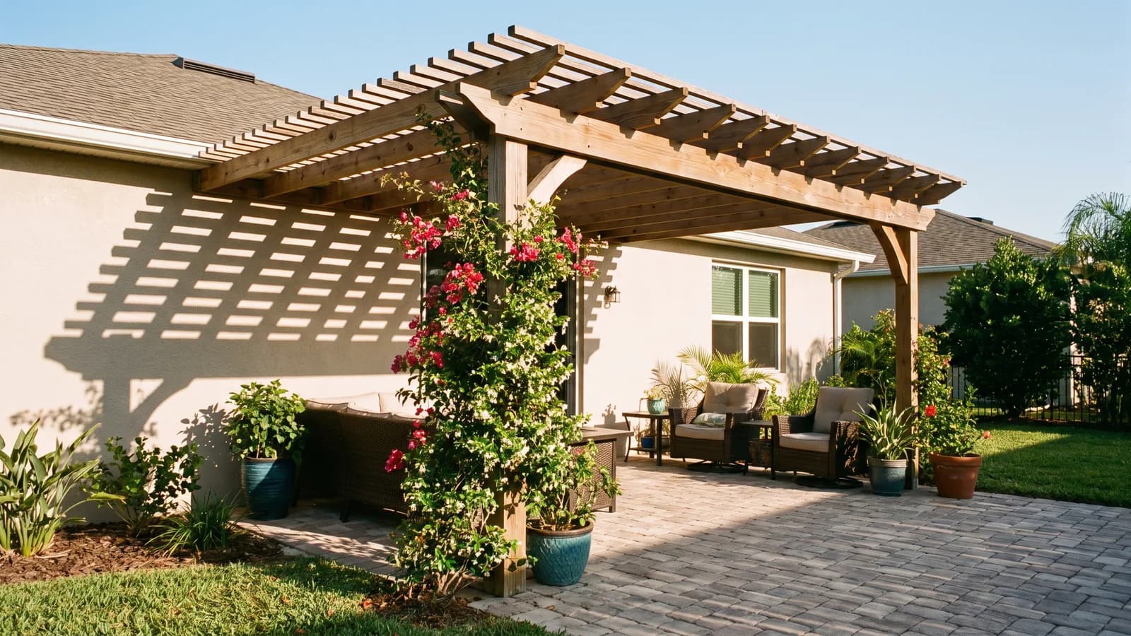 A wooden pergola attached to the back of a Florida home shading a paver patio with climbing plants in warm afternoon light.