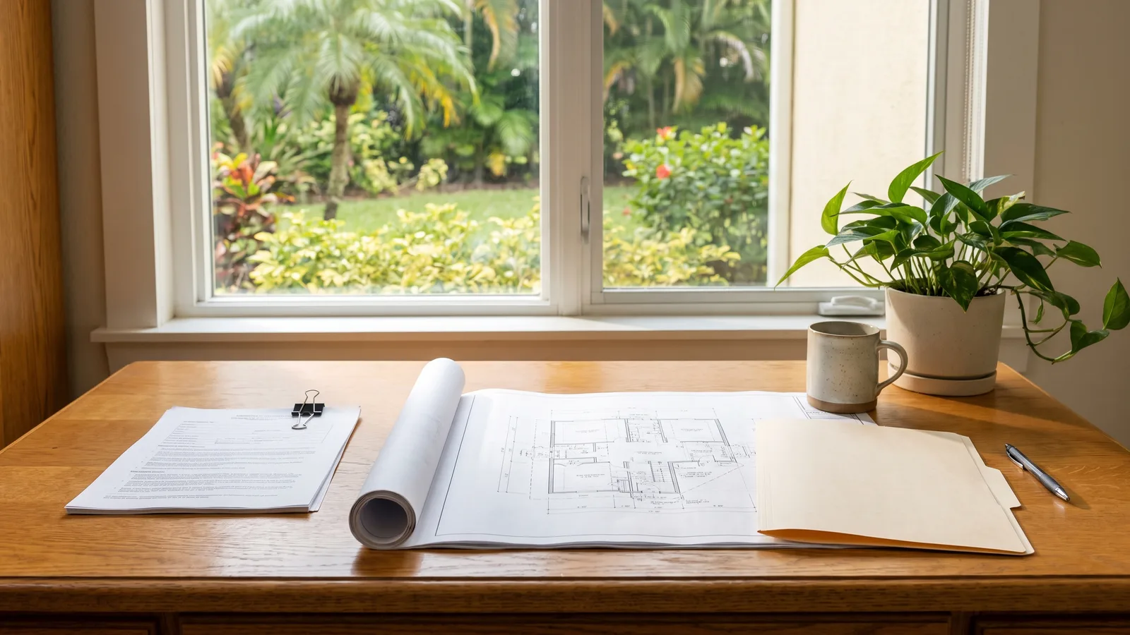 An organized set of permit application documents, site plan, and identification laid out on a desk in a Florida home office.