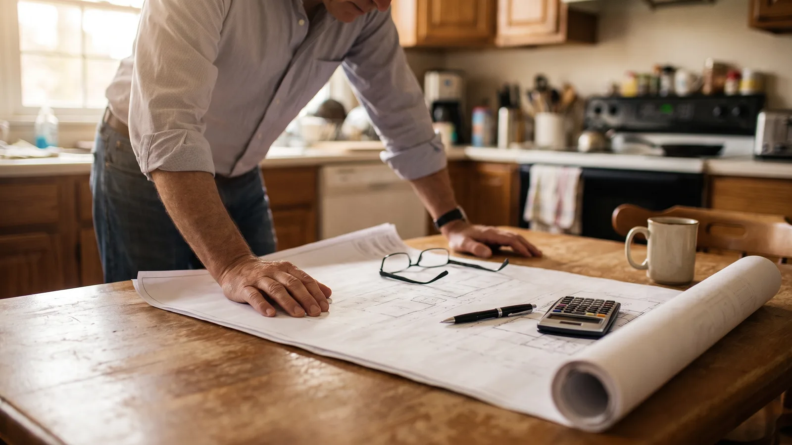 A homeowner reviewing building plans and permit paperwork at a table