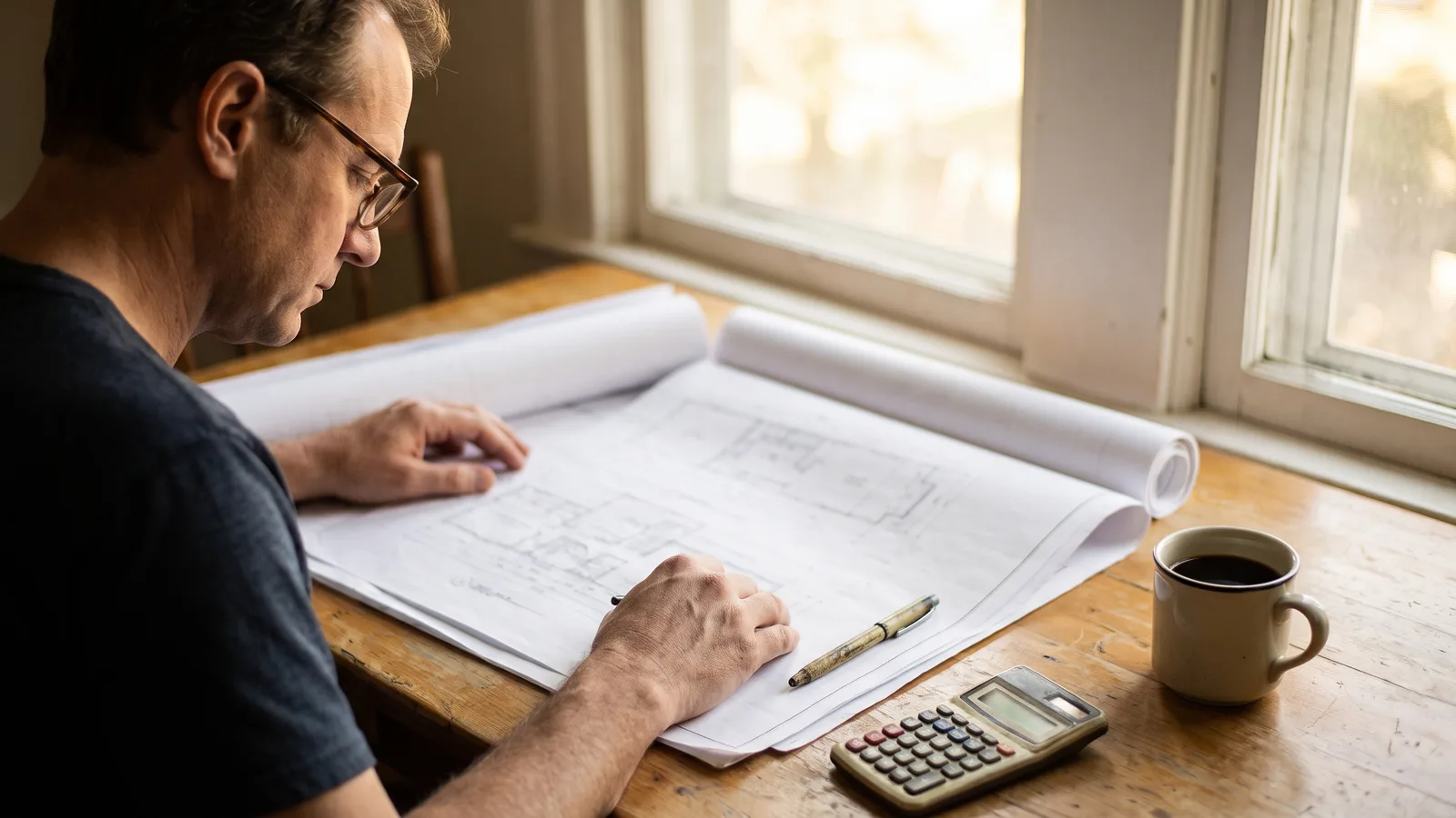 A homeowner reviewing building plans and permit paperwork at a table