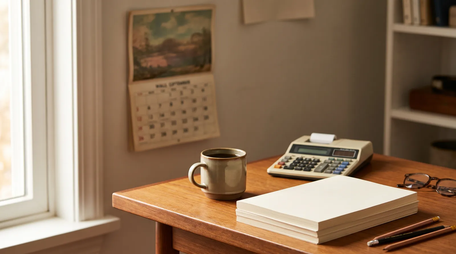 A desk with a calendar, calculator, and paperwork for planning a project