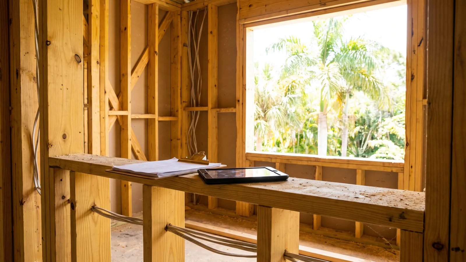 A building inspector's clipboard and tablet on a framed interior wall of a Florida home mid-construction with exposed studs and wiring.