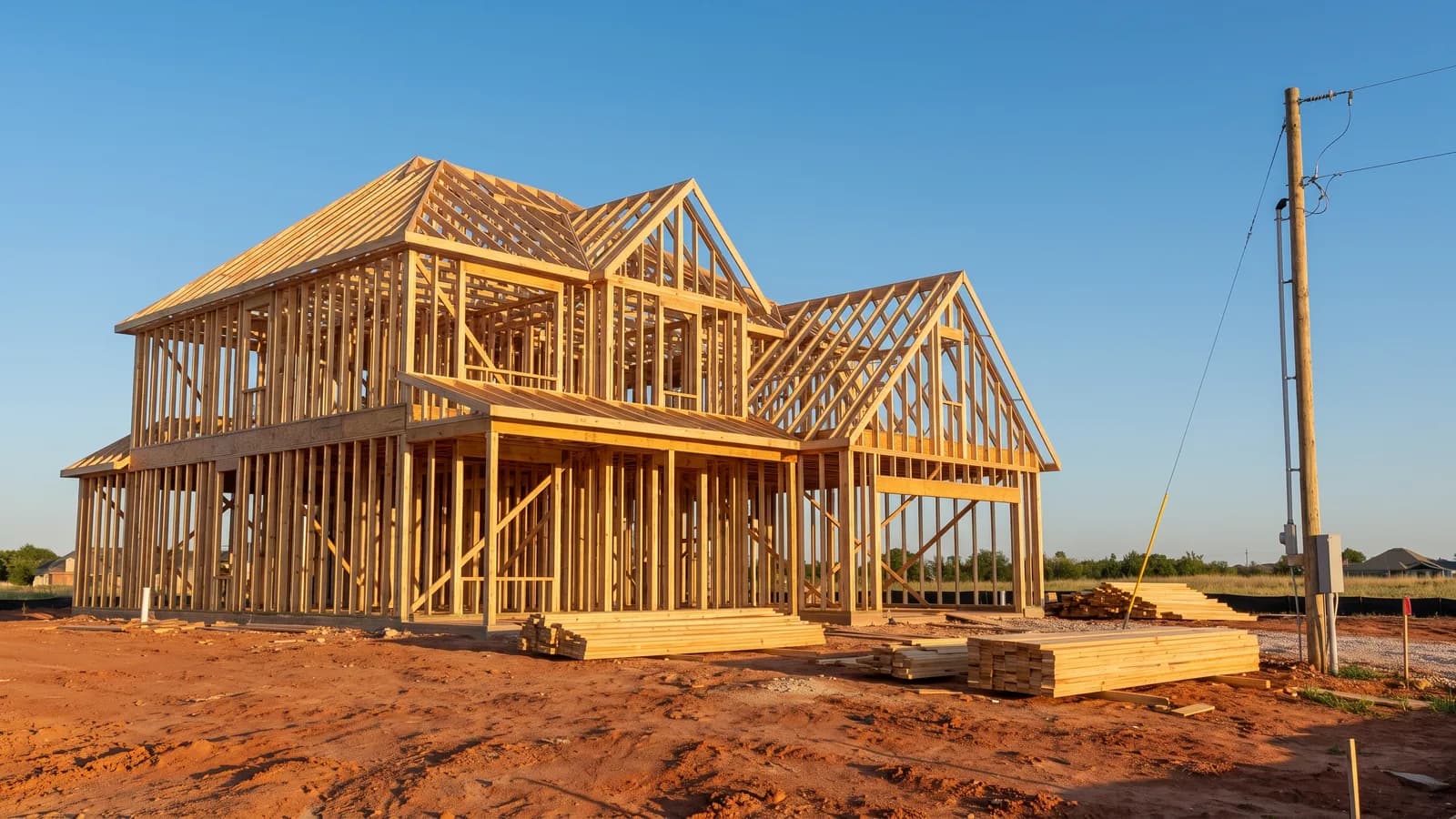 A partly framed two story house on a residential lot at an early construction stage