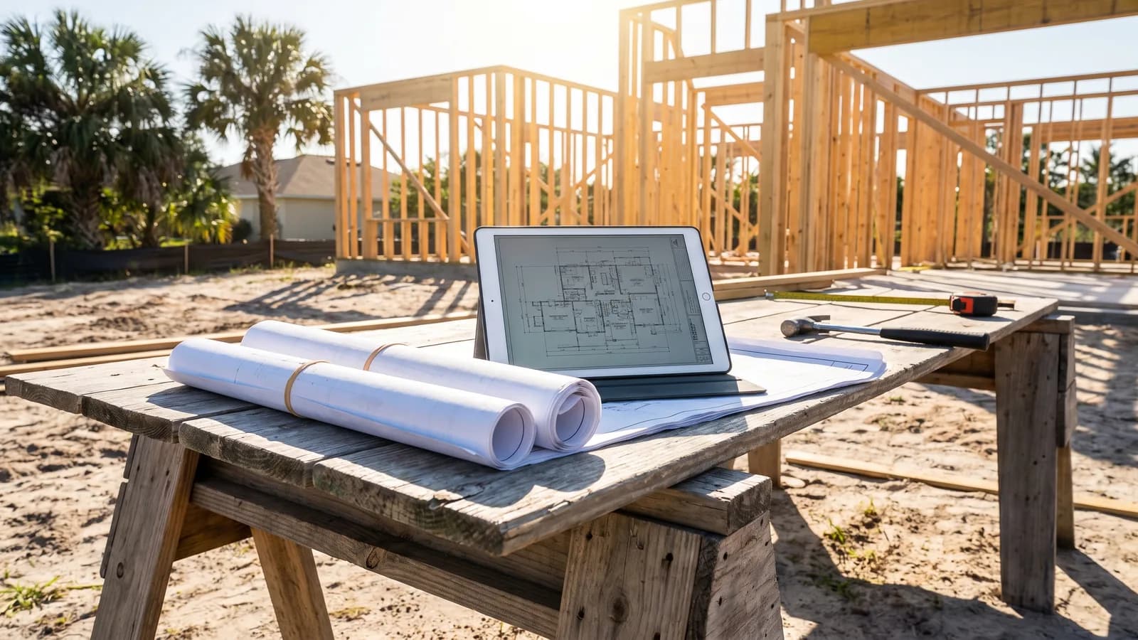 A licensed private inspector reviewing construction plans and using a tablet at a Florida job site in bright daylight.