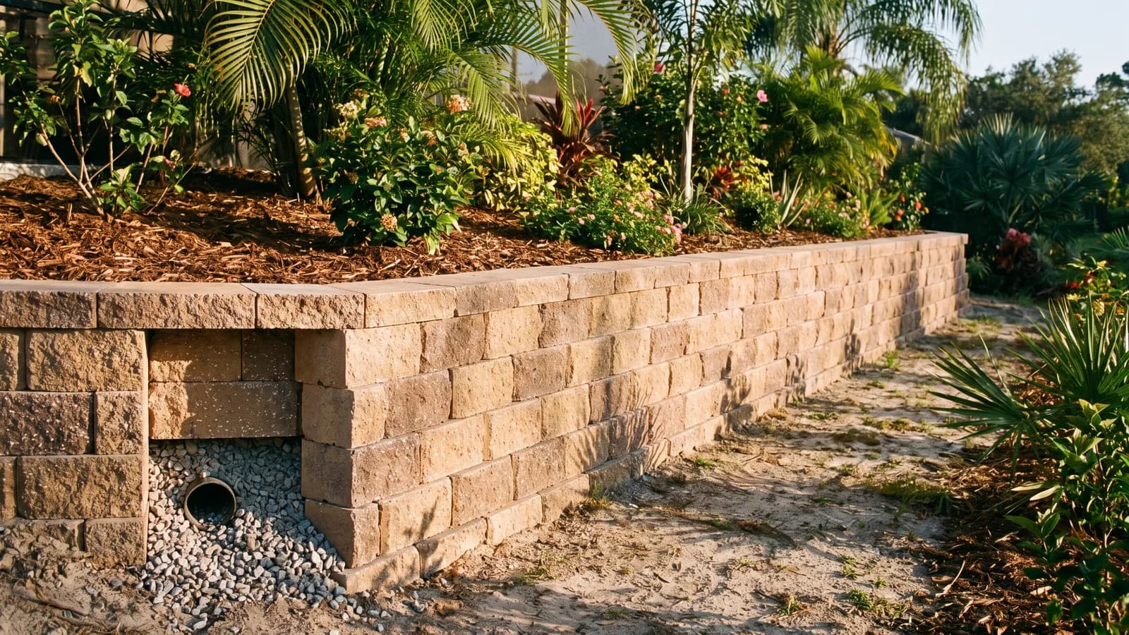 A landscape retaining wall built of stacked concrete blocks holding back a raised garden bed in a Florida yard in warm light.