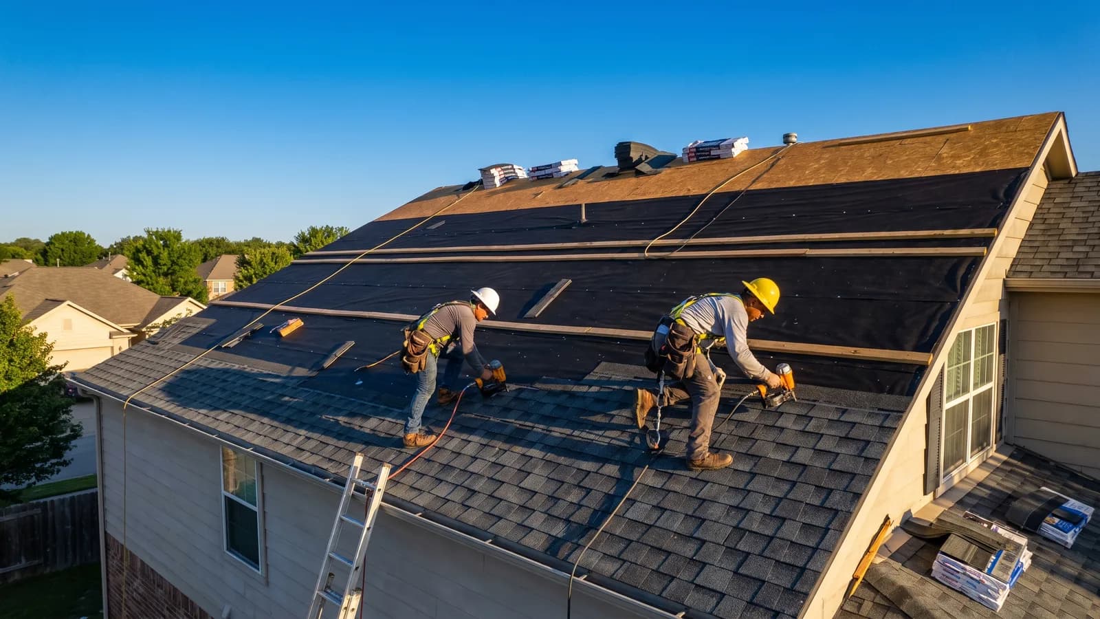 Roofers installing new asphalt shingles over underlayment on a Georgia home