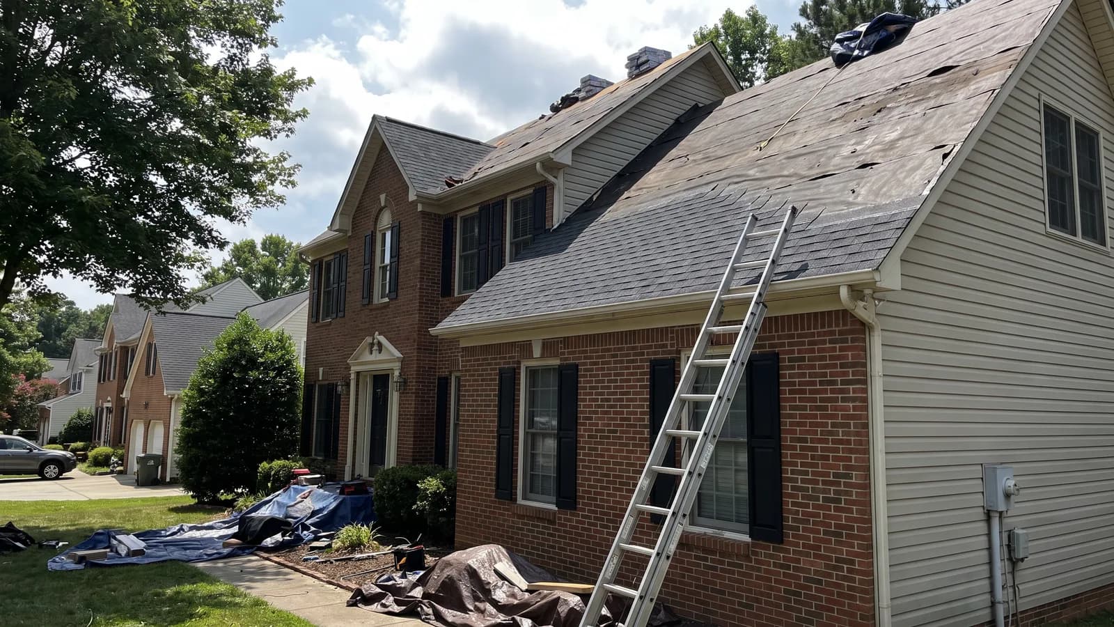 A residential asphalt shingle roof being replaced on a North Carolina home