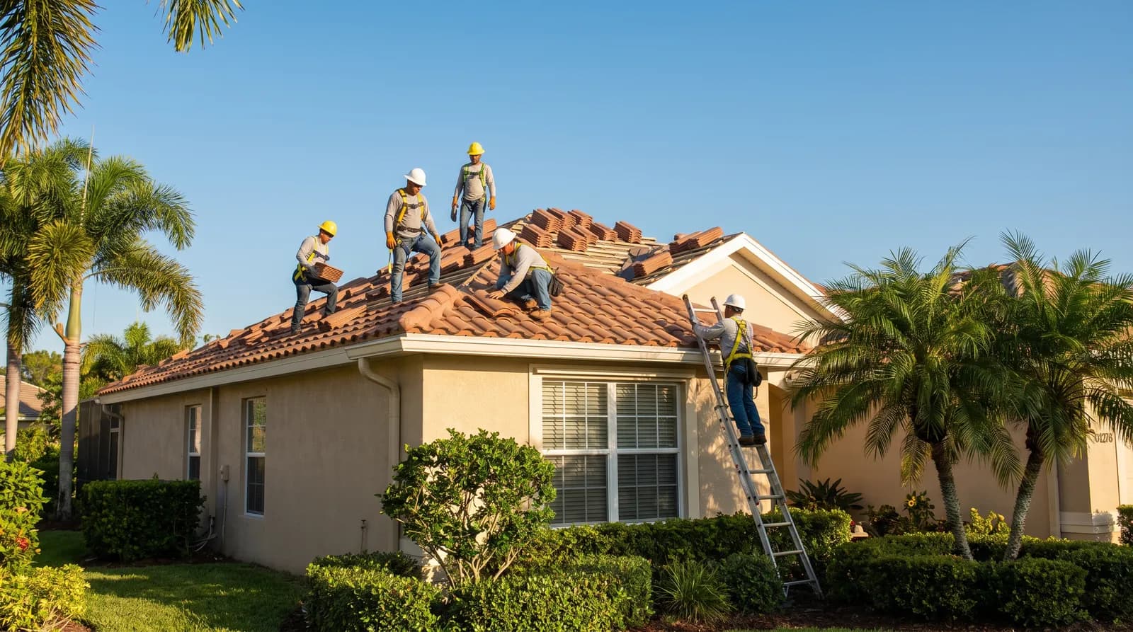A roofing crew installing tile on a Florida home under a blue sky