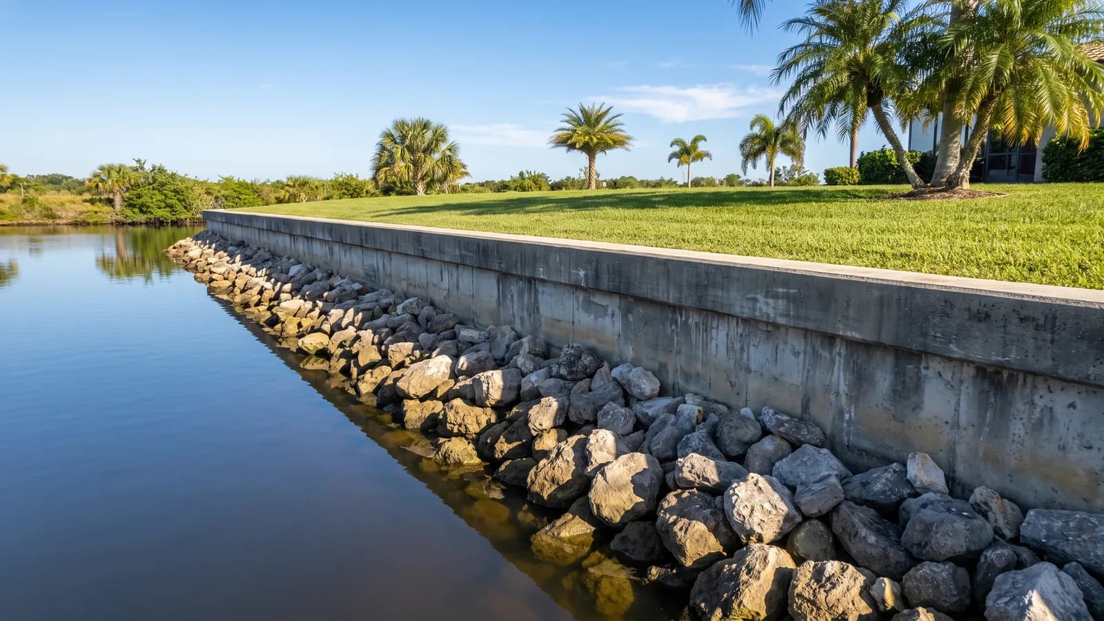 A concrete residential seawall along a calm Florida canal with a rip-rap base and a grassy backyard behind it at midday.