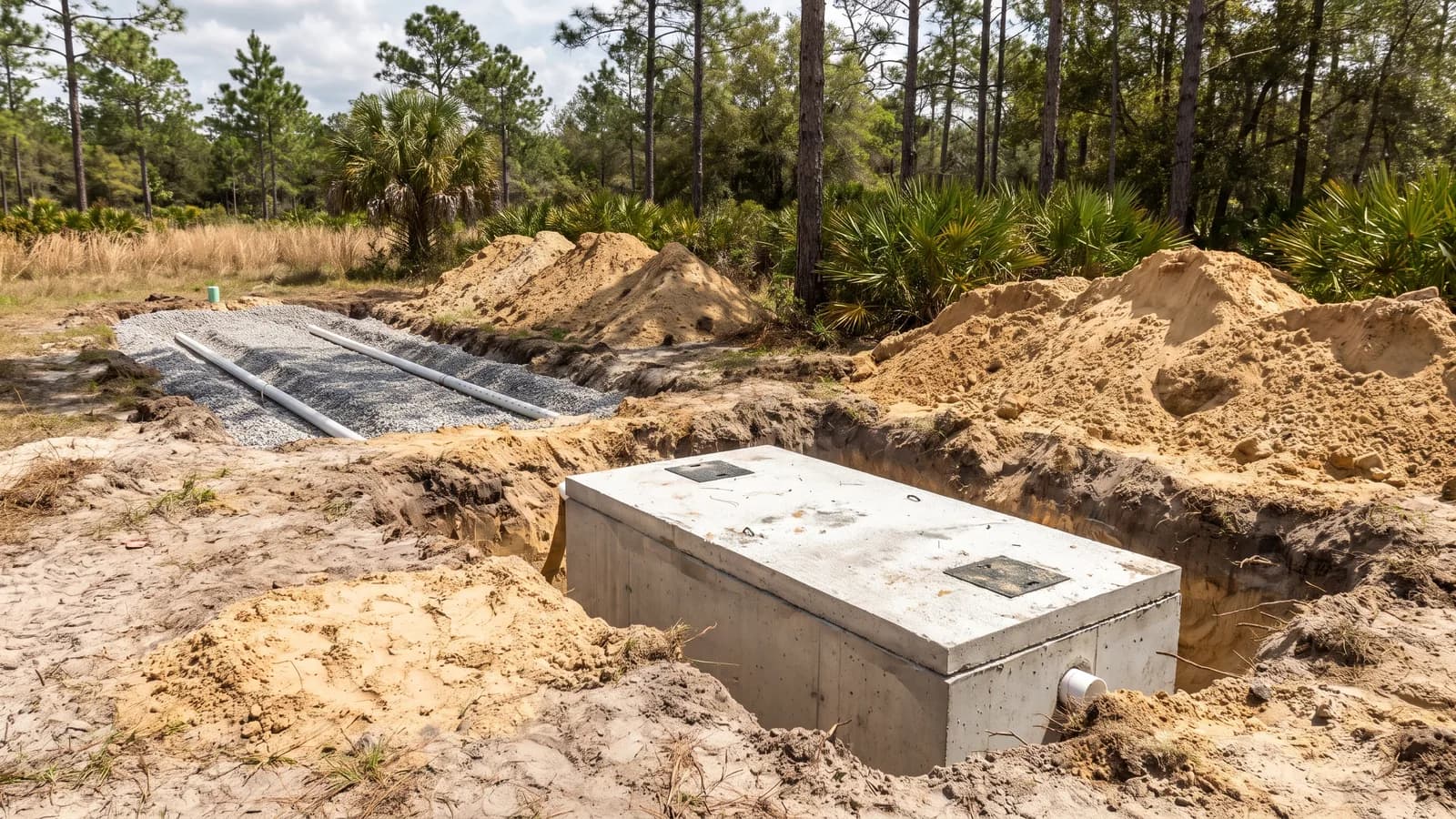 A newly installed septic tank and drainfield in an open excavation in a Florida yard, ready for inspection, in bright daylight.