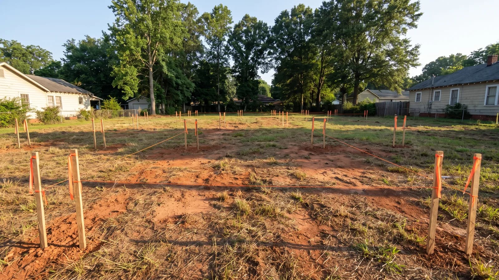 Wooden survey stakes and string marking building lines on a residential lot