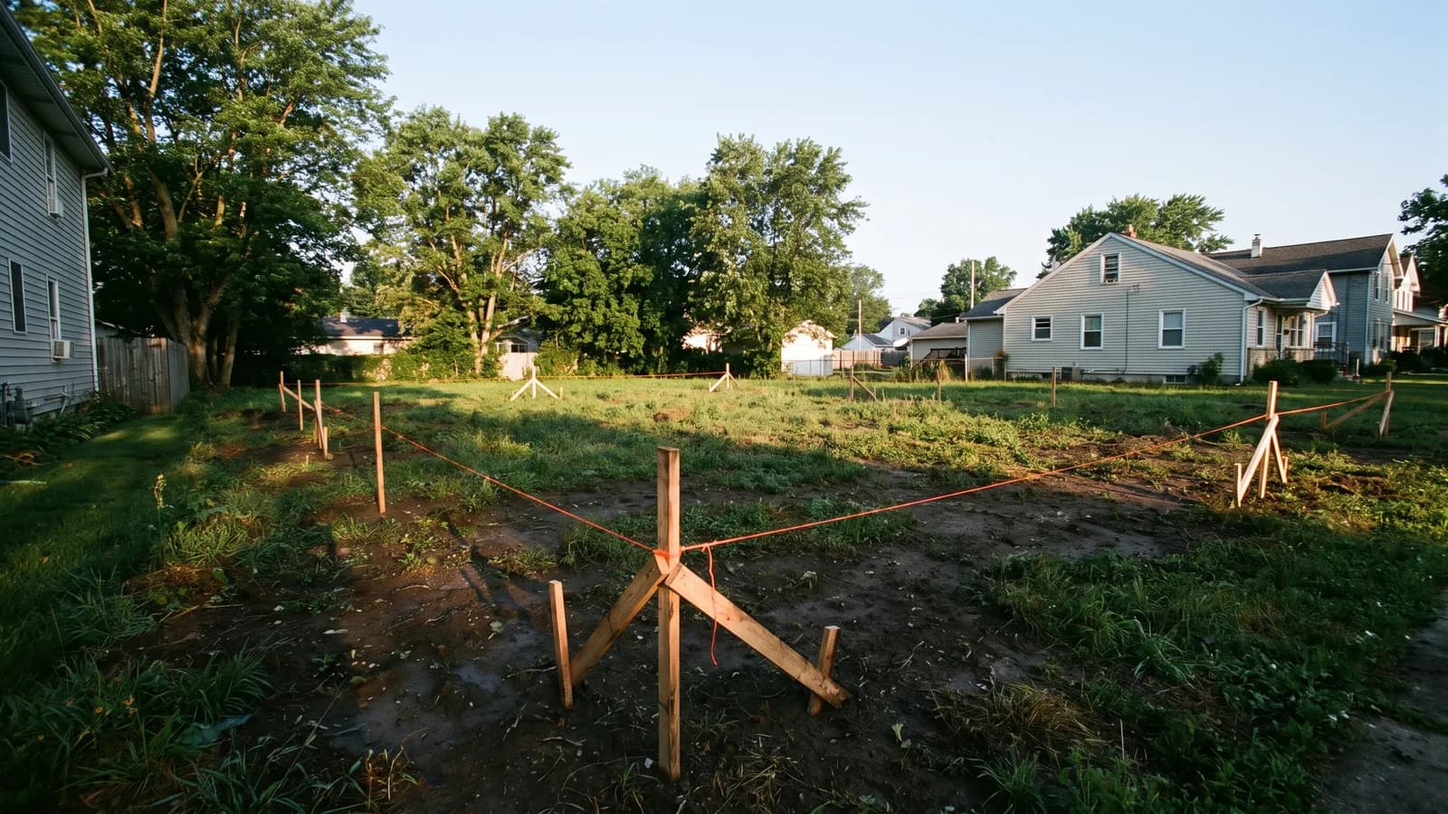 Wooden survey stakes and string marking building lines on a residential lot