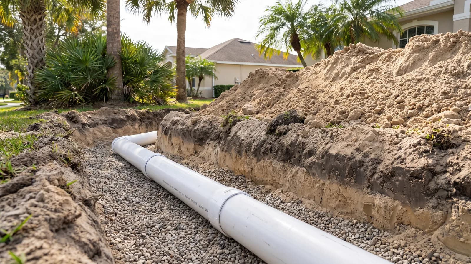 A newly installed PVC sewer lateral pipe in an open trench in a Florida yard, bedded in gravel before backfilling, in daylight.