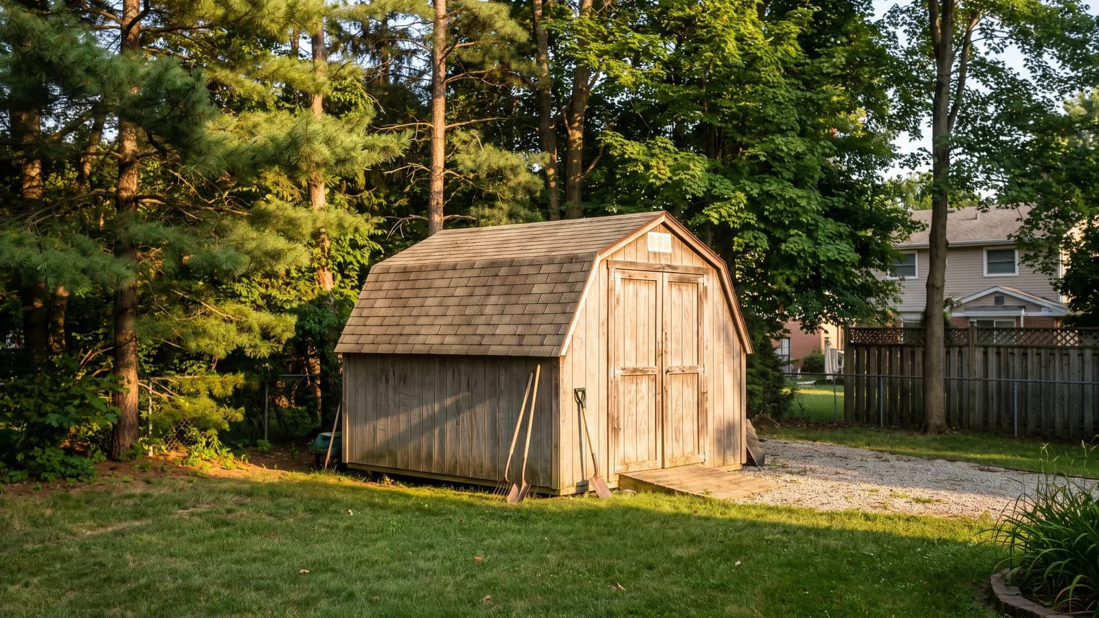 A detached wooden storage shed in the back yard of a North Carolina home on a clear day