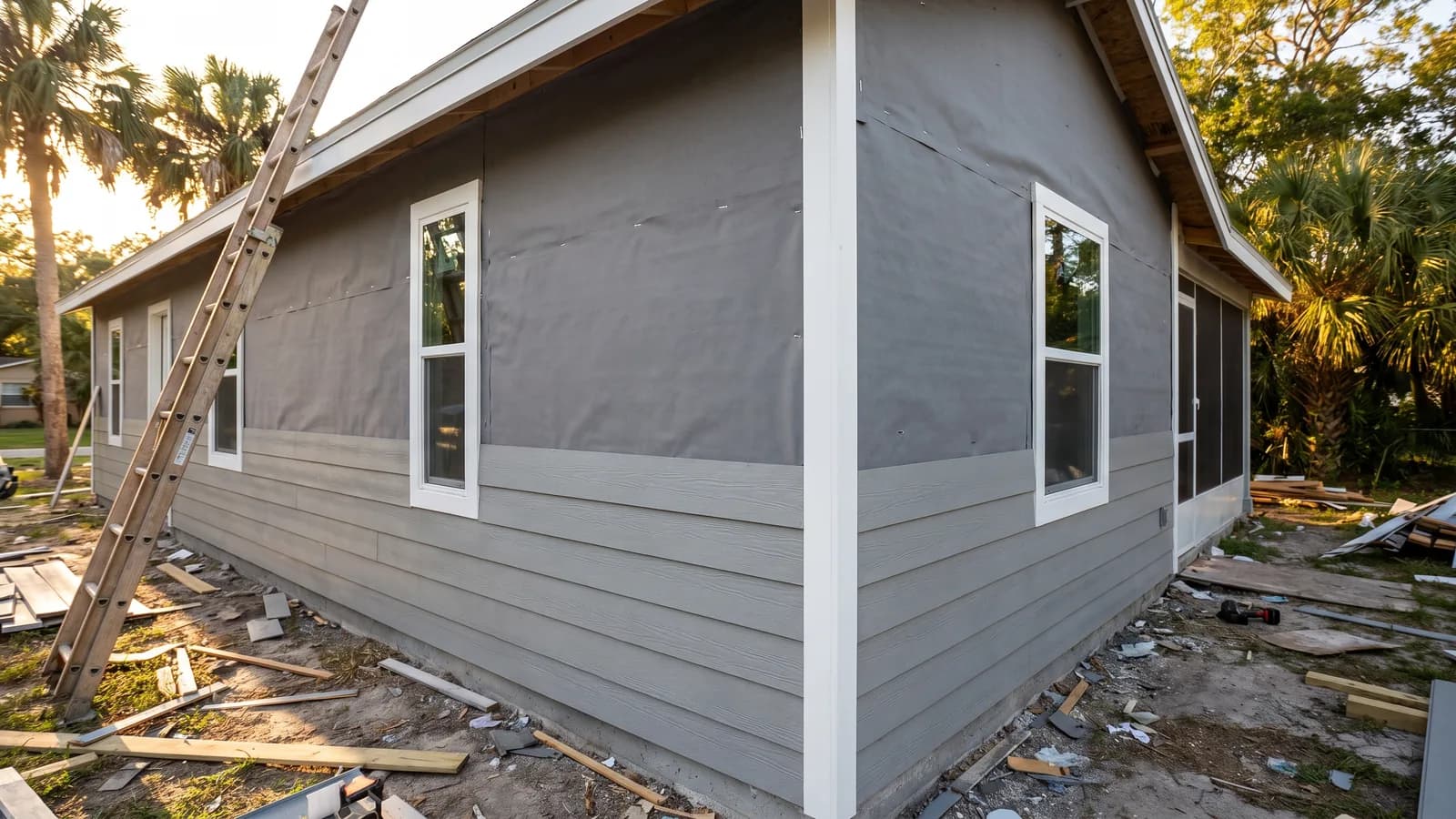 New fiber cement lap siding partially installed on a single-family Florida home with a house wrap layer visible in warm light.