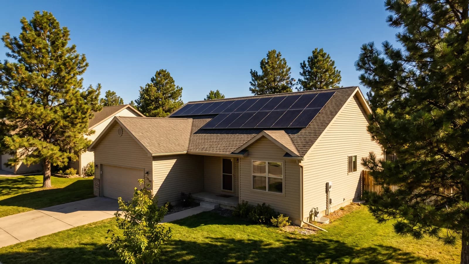 Solar panels installed across the roof of a single family home on a sunny day