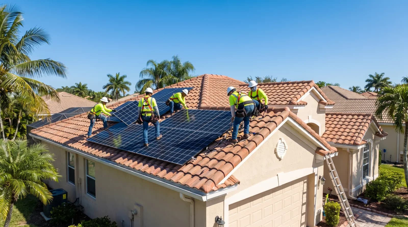 Installers mounting solar panels on a Florida home roof