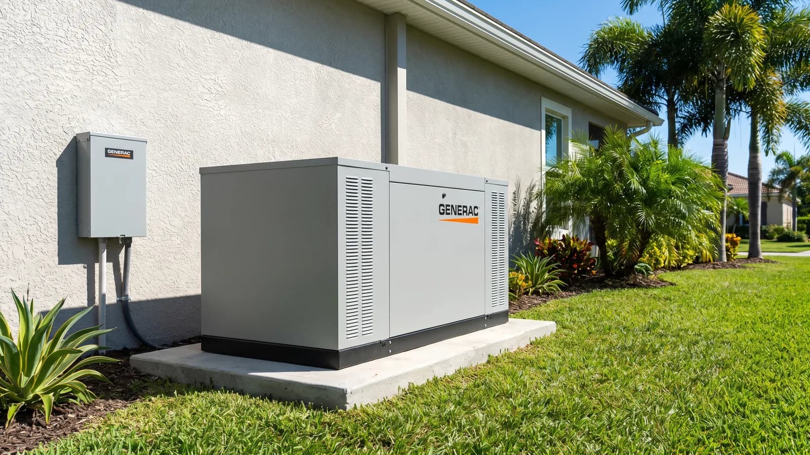 A standby home generator installed on a concrete pad beside a Florida home in bright daylight.