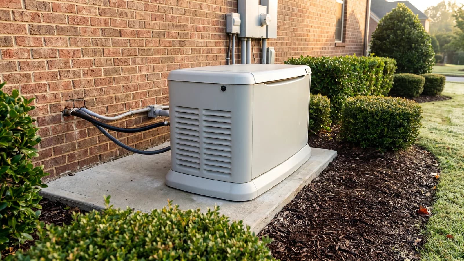 A standby home generator installed on a concrete pad beside the exterior wall of a Georgia house