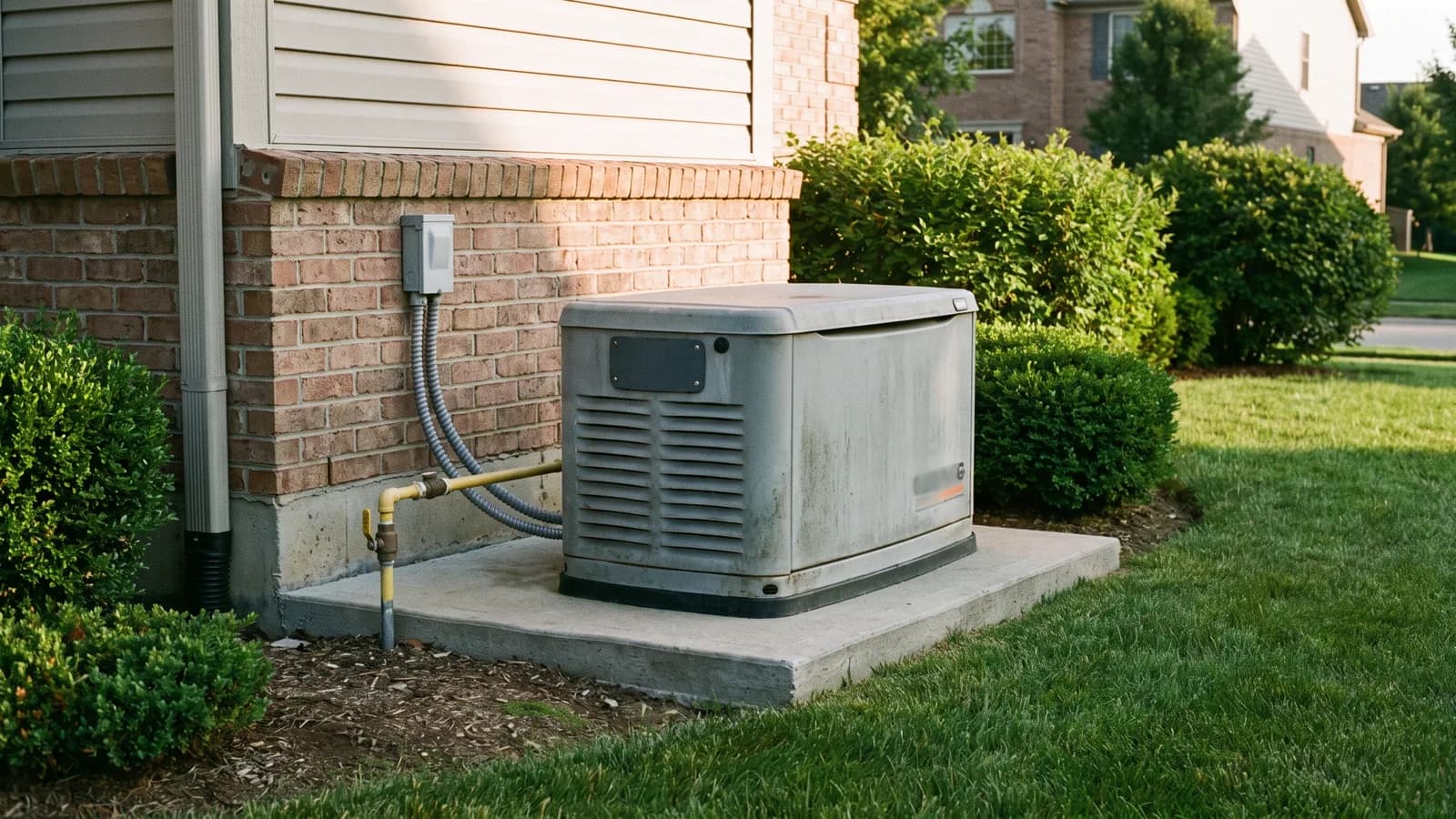 A standby generator installed on a concrete pad beside a North Carolina home