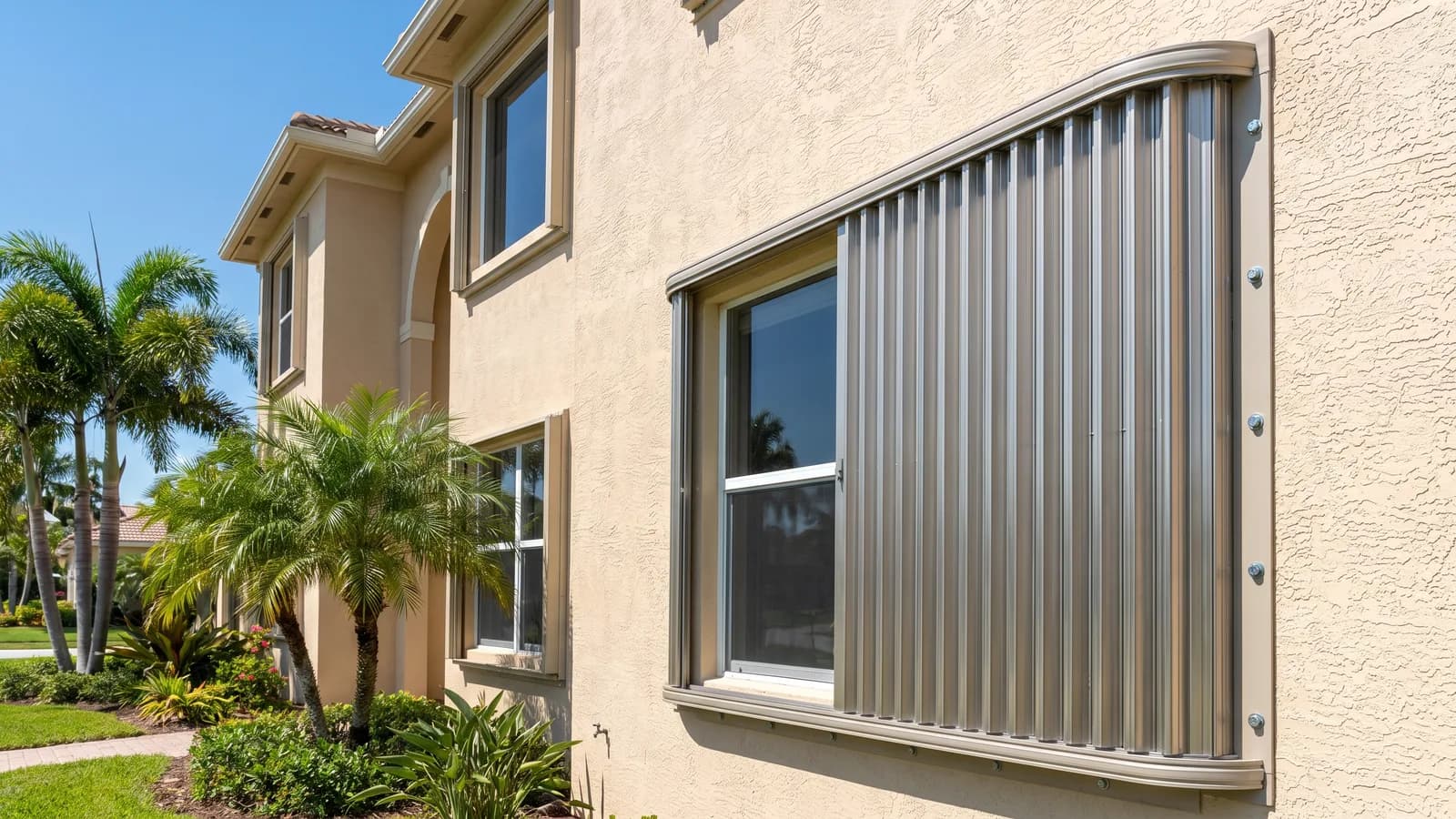 Accordion hurricane shutters installed beside windows on a single-family Florida home, partially closed, in bright coastal daylight.
