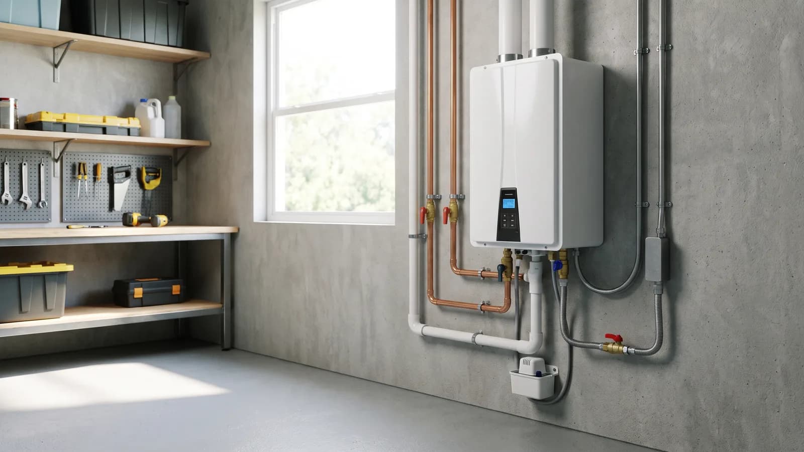 A wall-mounted tankless water heater installed in a Florida home utility area with clean plumbing connections in bright light.