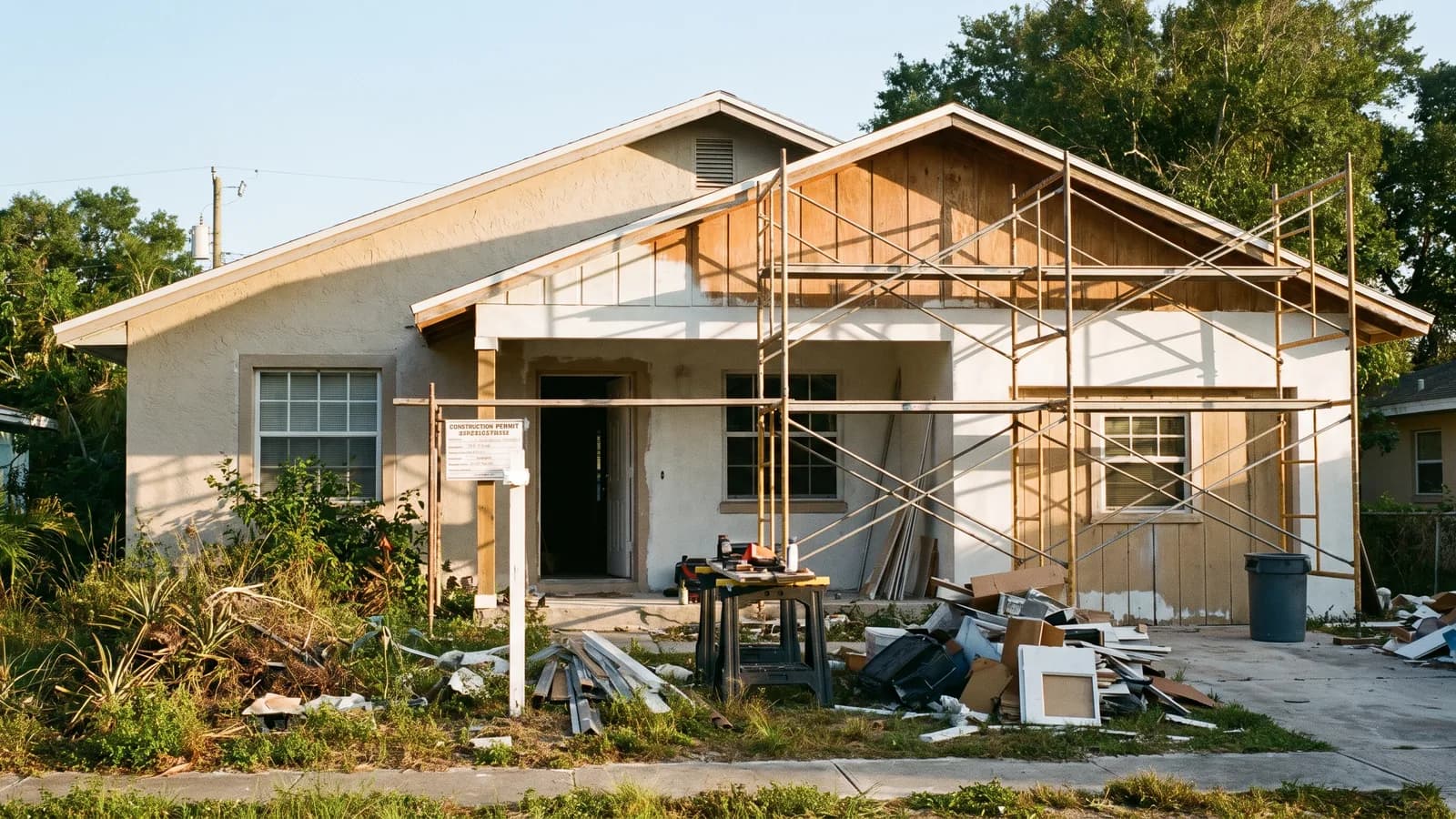 A Florida home mid-renovation with a for-sale sold sign and a posted permit card in warm daylight.