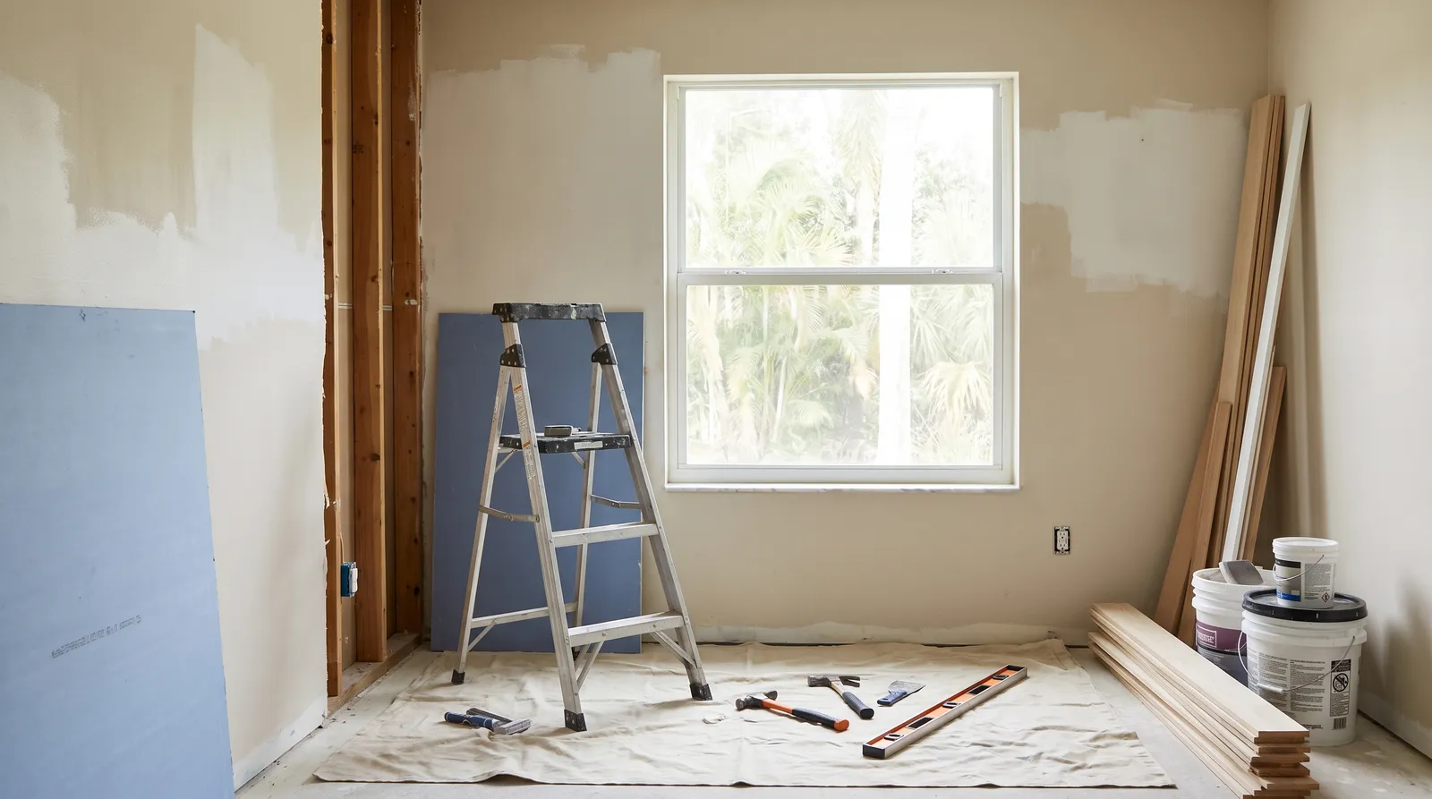 A mid-renovation room with exposed drywall and a ladder