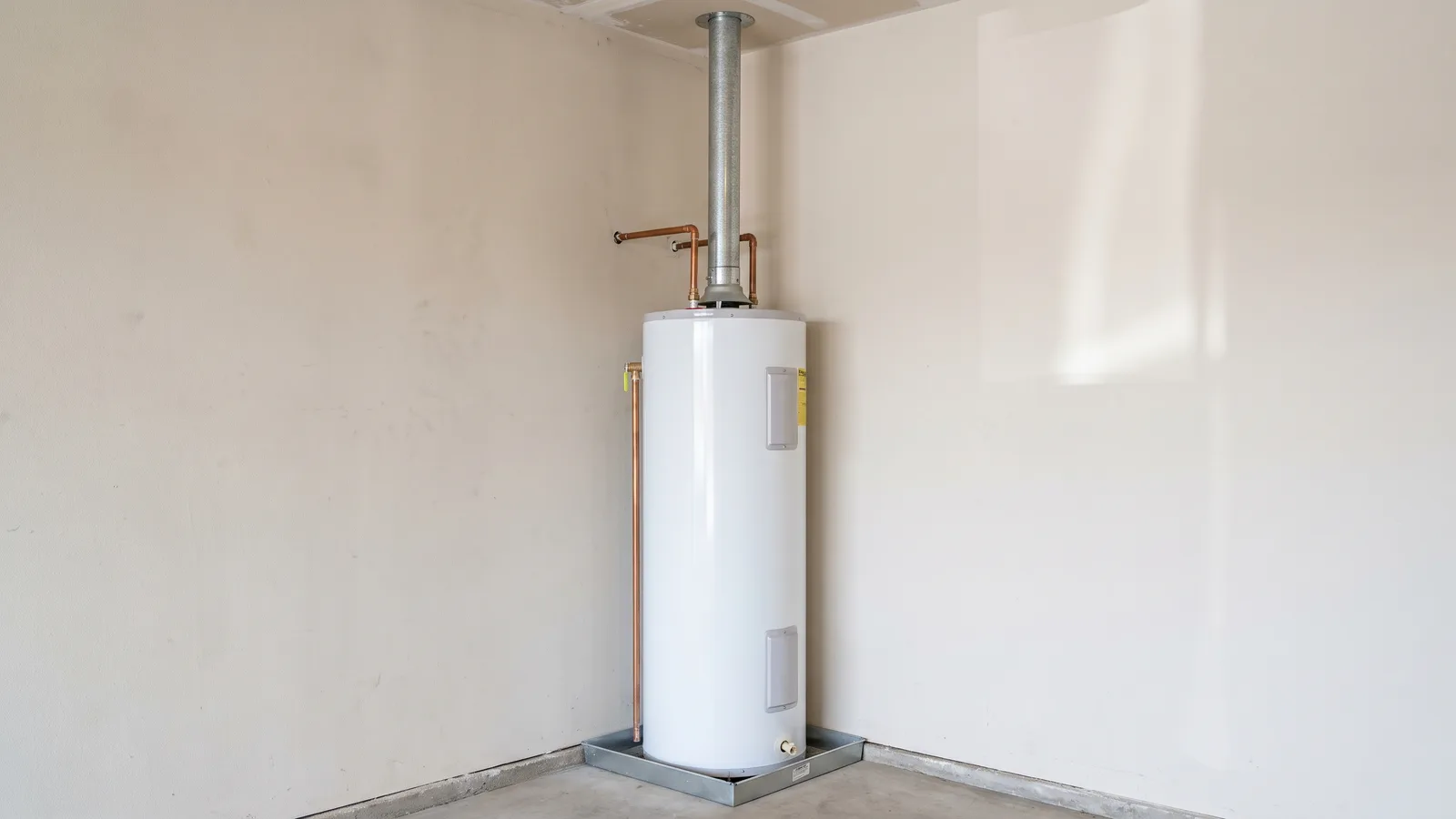A residential tank water heater installed in a garage with supply piping and venting