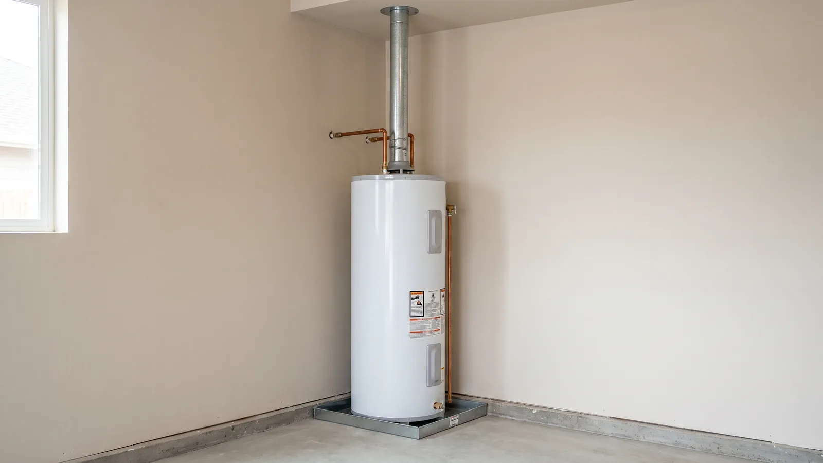 A newly installed residential water heater in a utility space with visible venting and supply piping