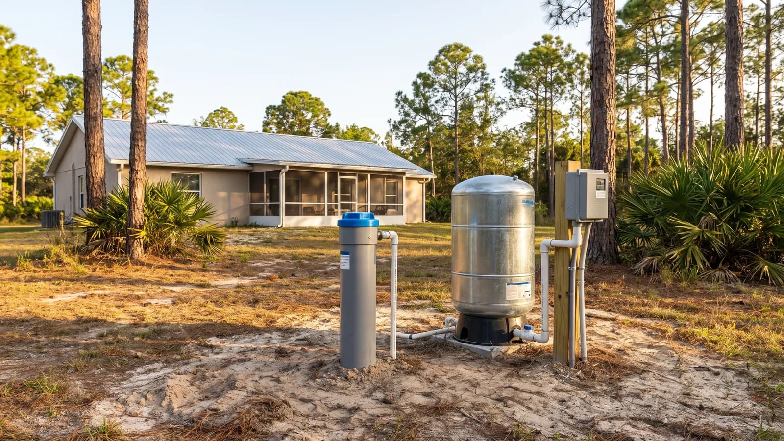 A newly installed residential water well head with a pump and pressure tank beside a rural Florida home in warm daylight.